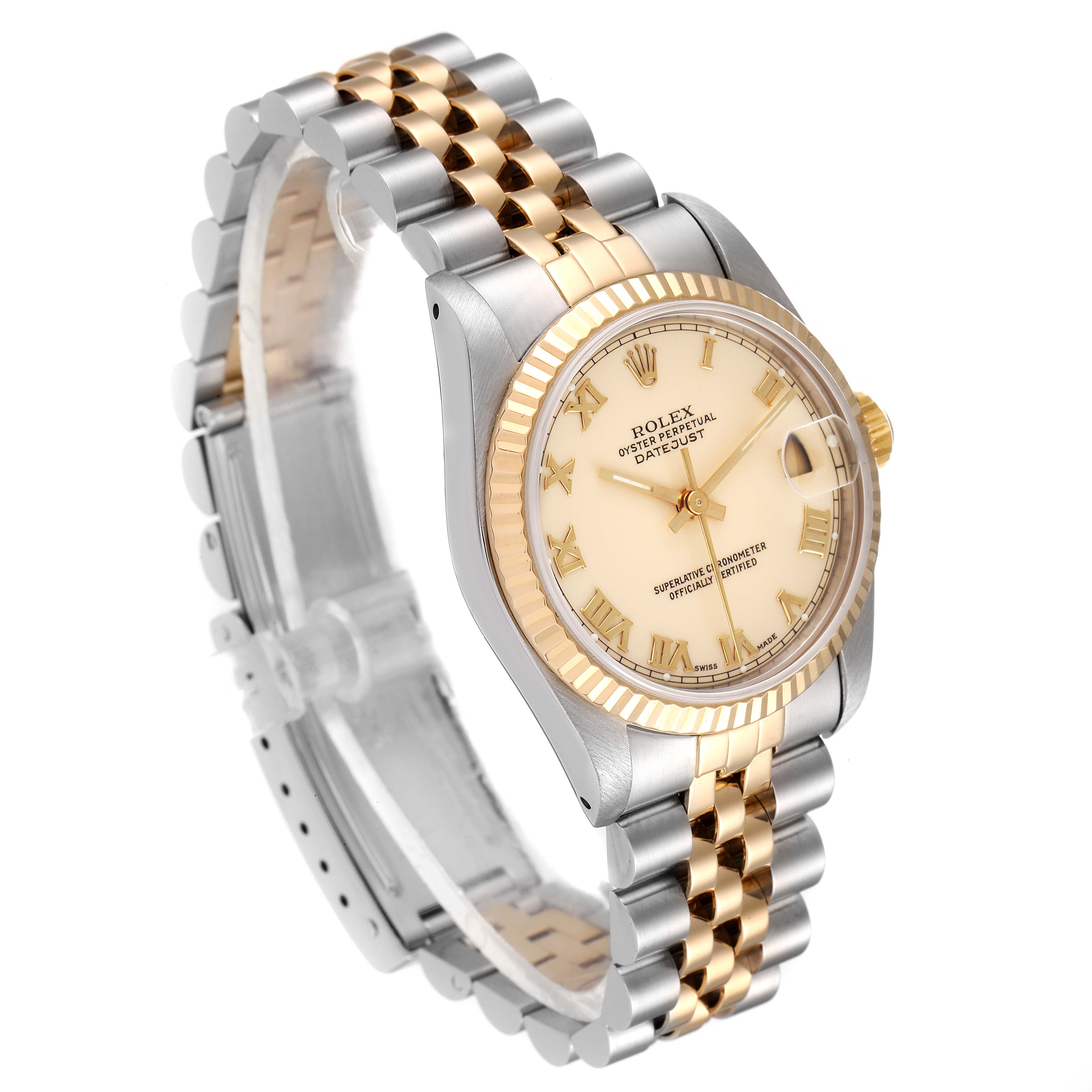 The Rolex Mid-Size 68273 Women's Steel and Gold (two tone) Beige Dial 68273 Women's Steel and Gold (two tone) Beige Dial model is shown from an angled side view, showcasing the dial, bezel, and two-tone bracelet.