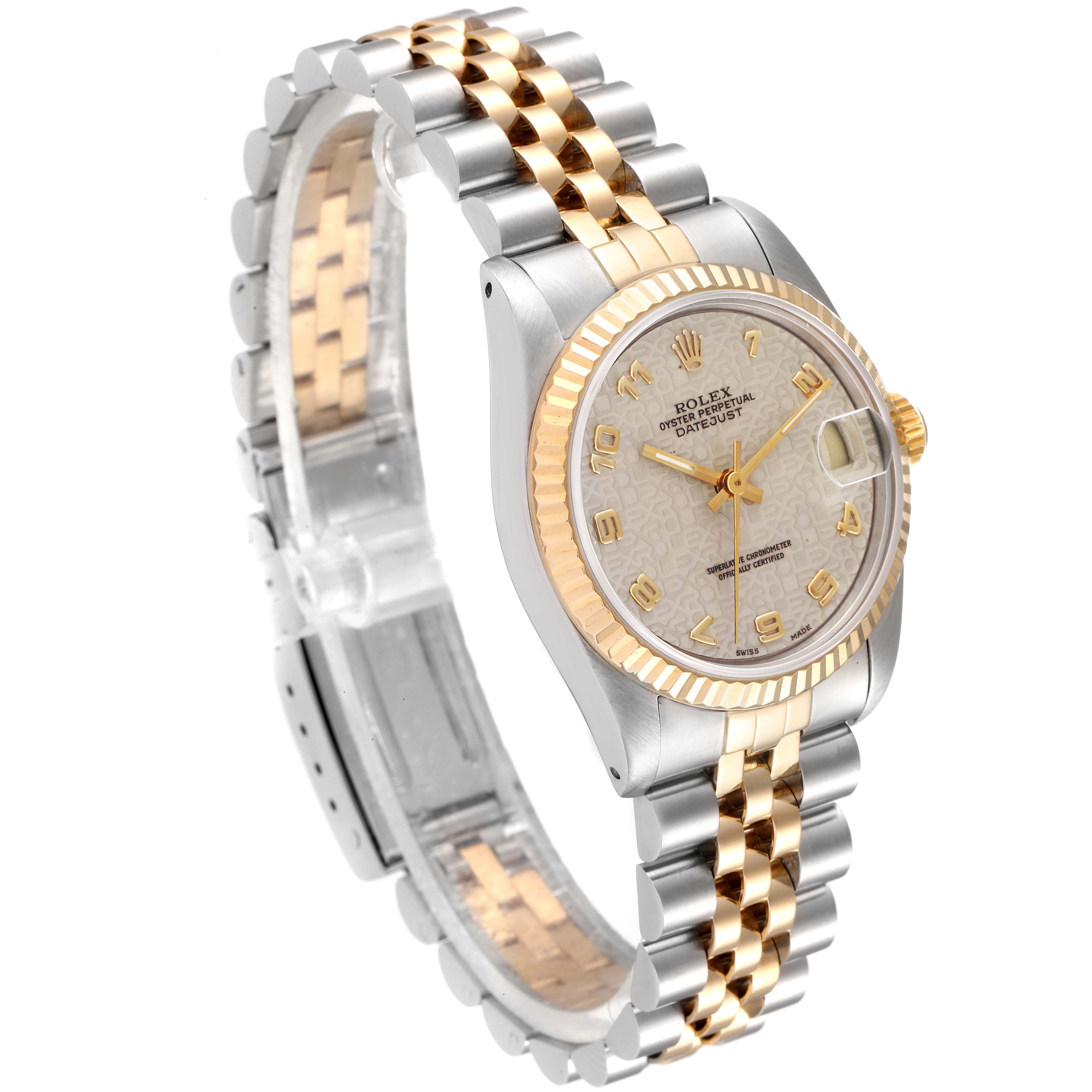 The image shows a Rolex Mid-Size 68273 Women's Steel and Gold (two tone) Beige Dial 68273 Women's Steel and Gold (two tone) Beige Dial model watch at a three-quarter angle, highlighting its two-tone bracelet and detailed face.