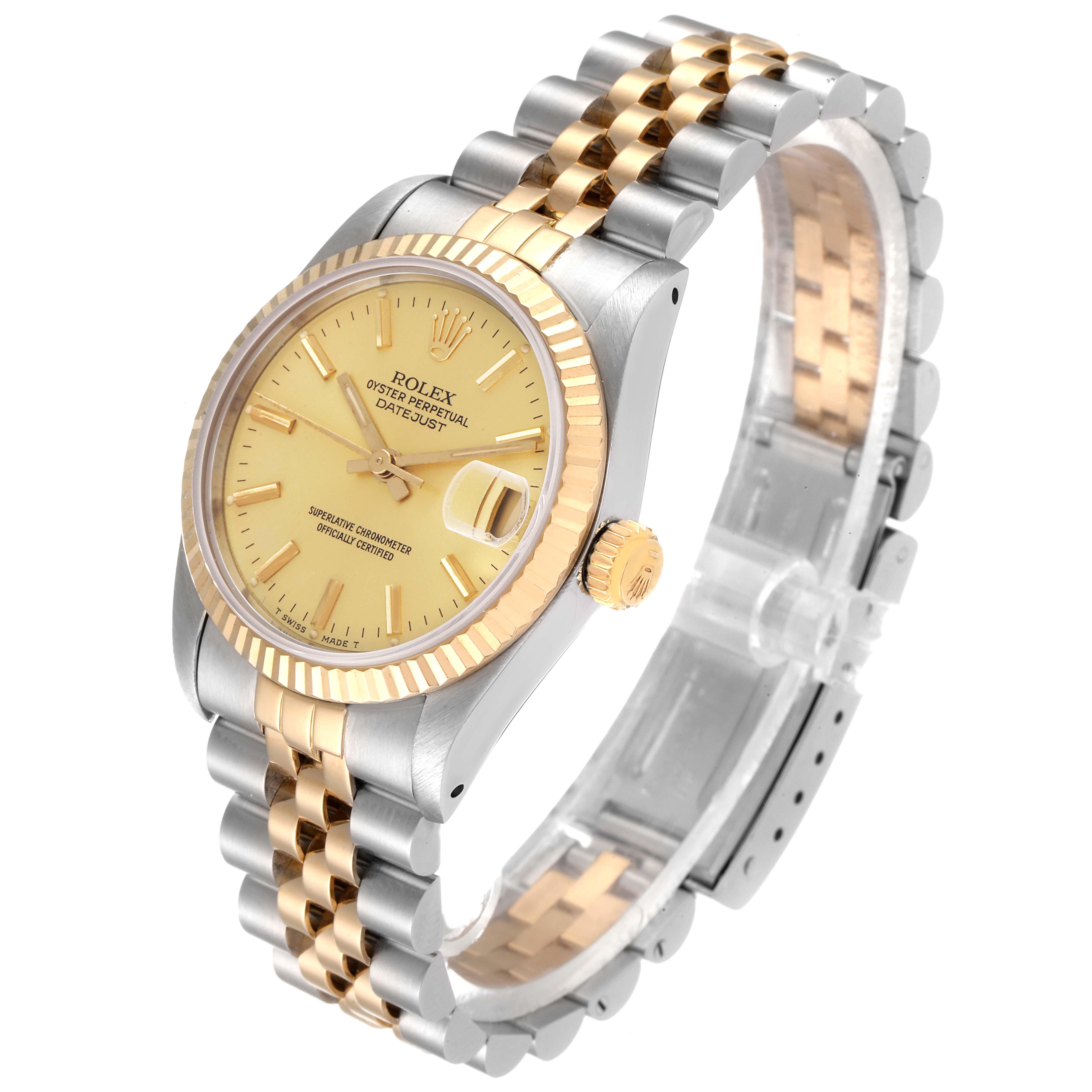 The image shows a Rolex Oyster Perpetual Datejust Mid-Size watch from a three-quarter angle, highlighting its two-tone bracelet and face.