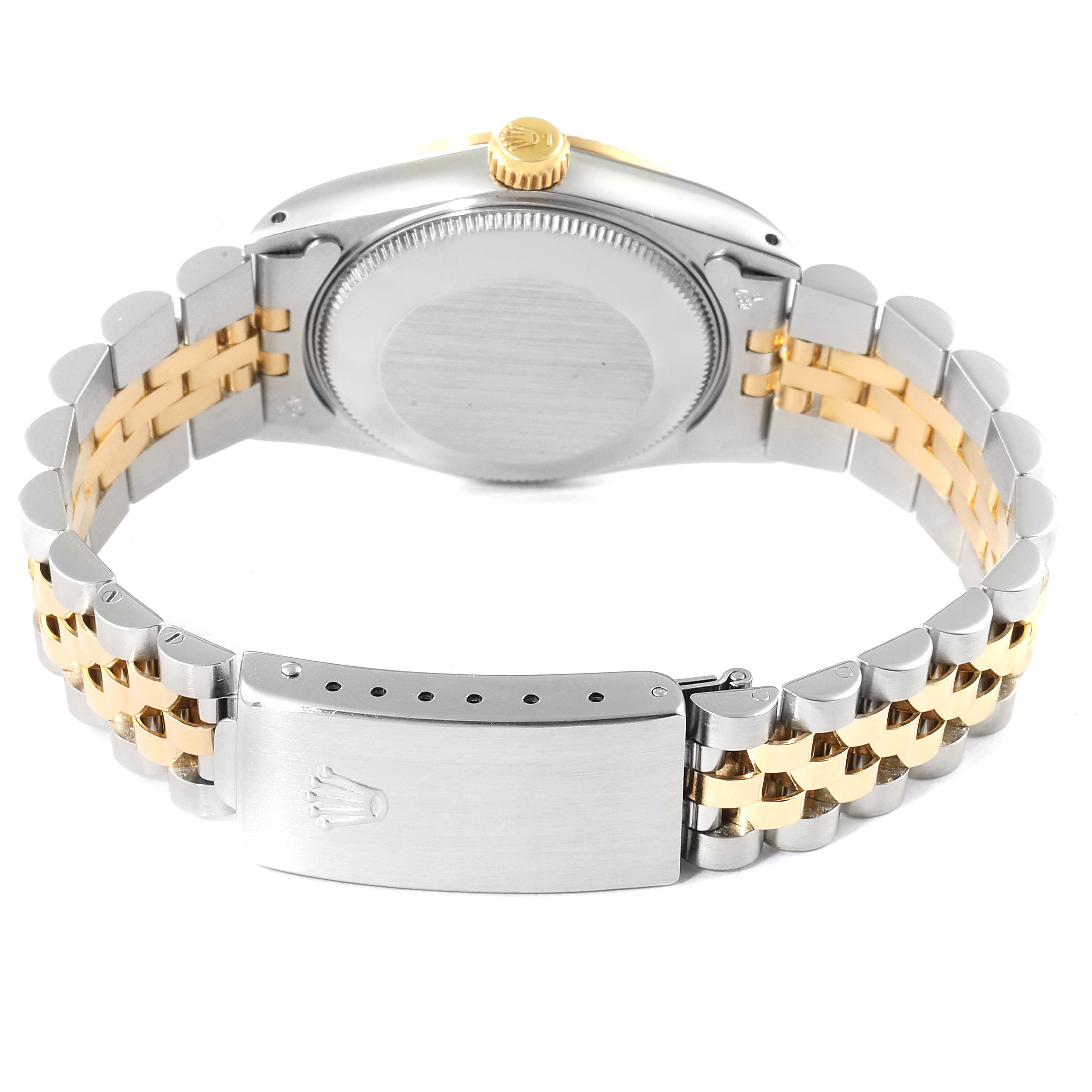 The image shows the back case and clasp of a Mid-Size Rolex watch, featuring a two-tone stainless steel and gold bracelet.