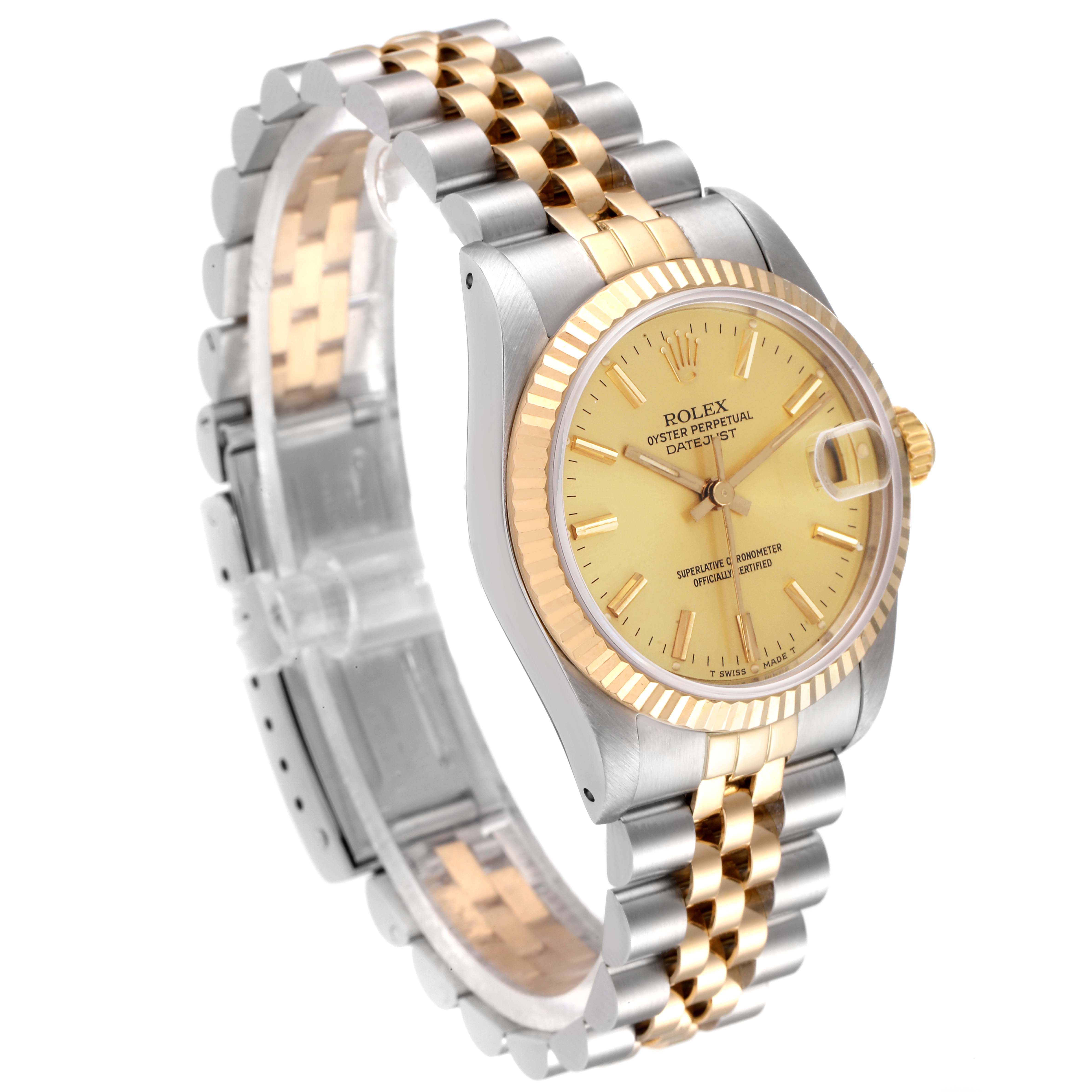 The image shows a Rolex Mid-Size 68273 Women's Steel and Gold (two tone) Champagne Dial 68273 Women's Steel and Gold (two tone) Champagne Dial Oyster Perpetual Datejust watch at an angle highlighting the face, bezel, and bracelet.
