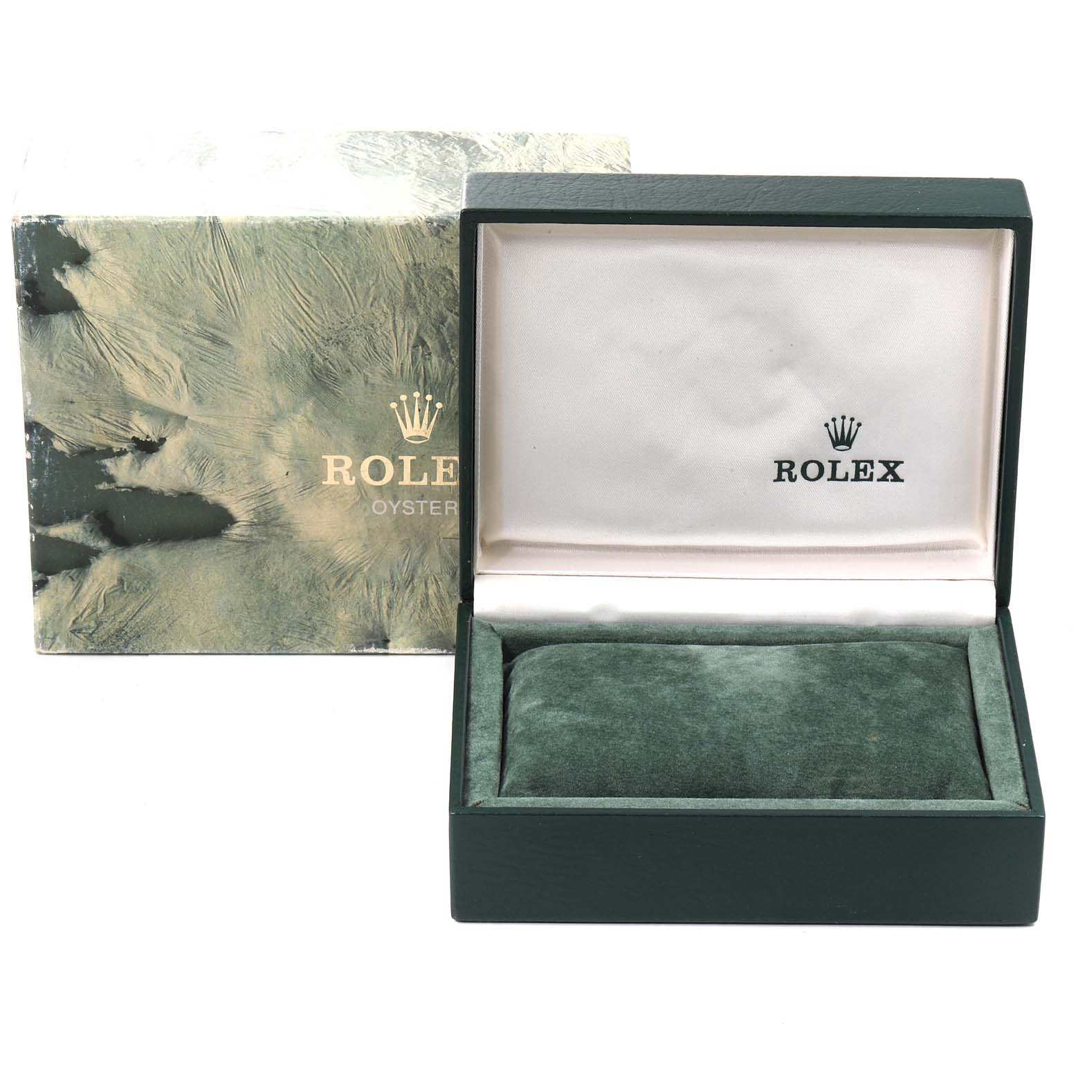 The image shows an empty Rolex watch box with an outer sleeve, typically used for a Mid-Size Rolex model.