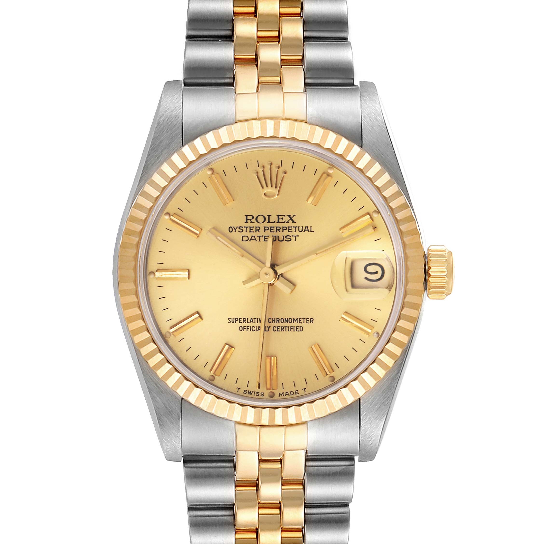 This image shows a front view of the Rolex Mid-Size 68273 Women's Steel and Gold (two tone) Champagne Dial 68273 Women's Steel and Gold (two tone) Champagne Dial Oyster Perpetual Datejust watch, highlighting the dial, bezel, and bracelet.