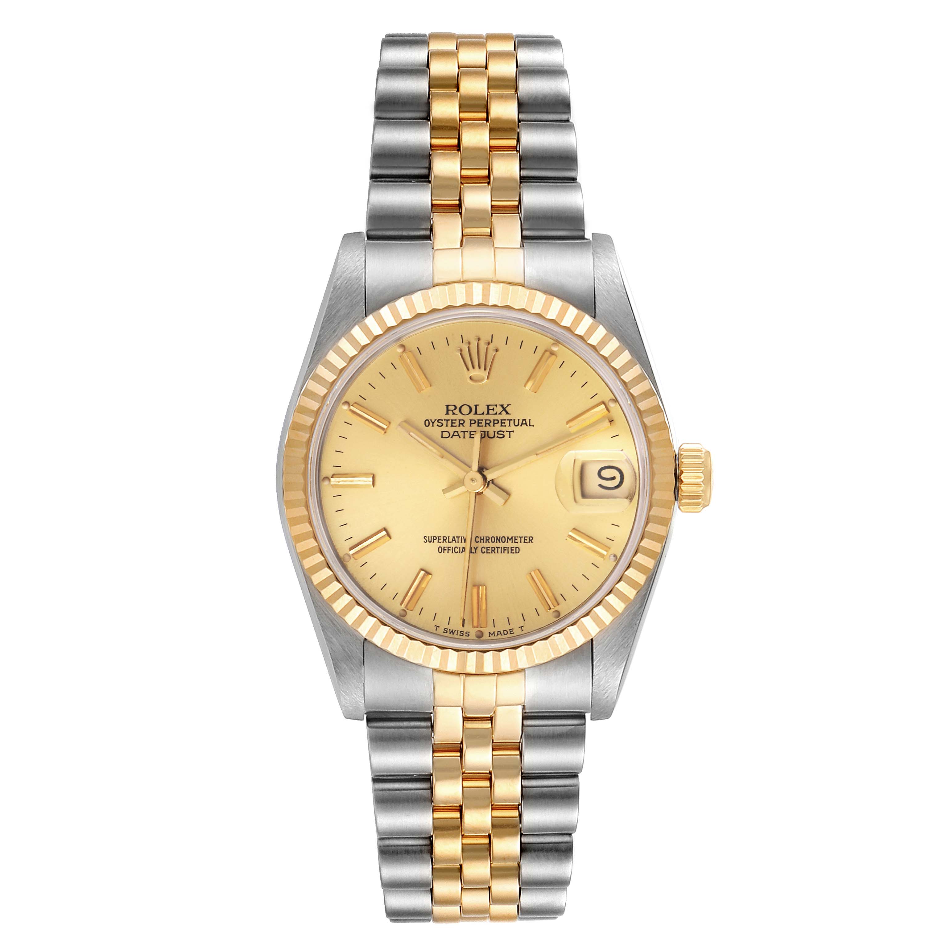 The Rolex Mid-Size 68273 Women's Steel and Gold (two tone) Champagne Dial 68273 Women's Steel and Gold (two tone) Champagne Dial Datejust watch is shown from a front angle, displaying the dial, bezel, hands, bracelet, and date window.