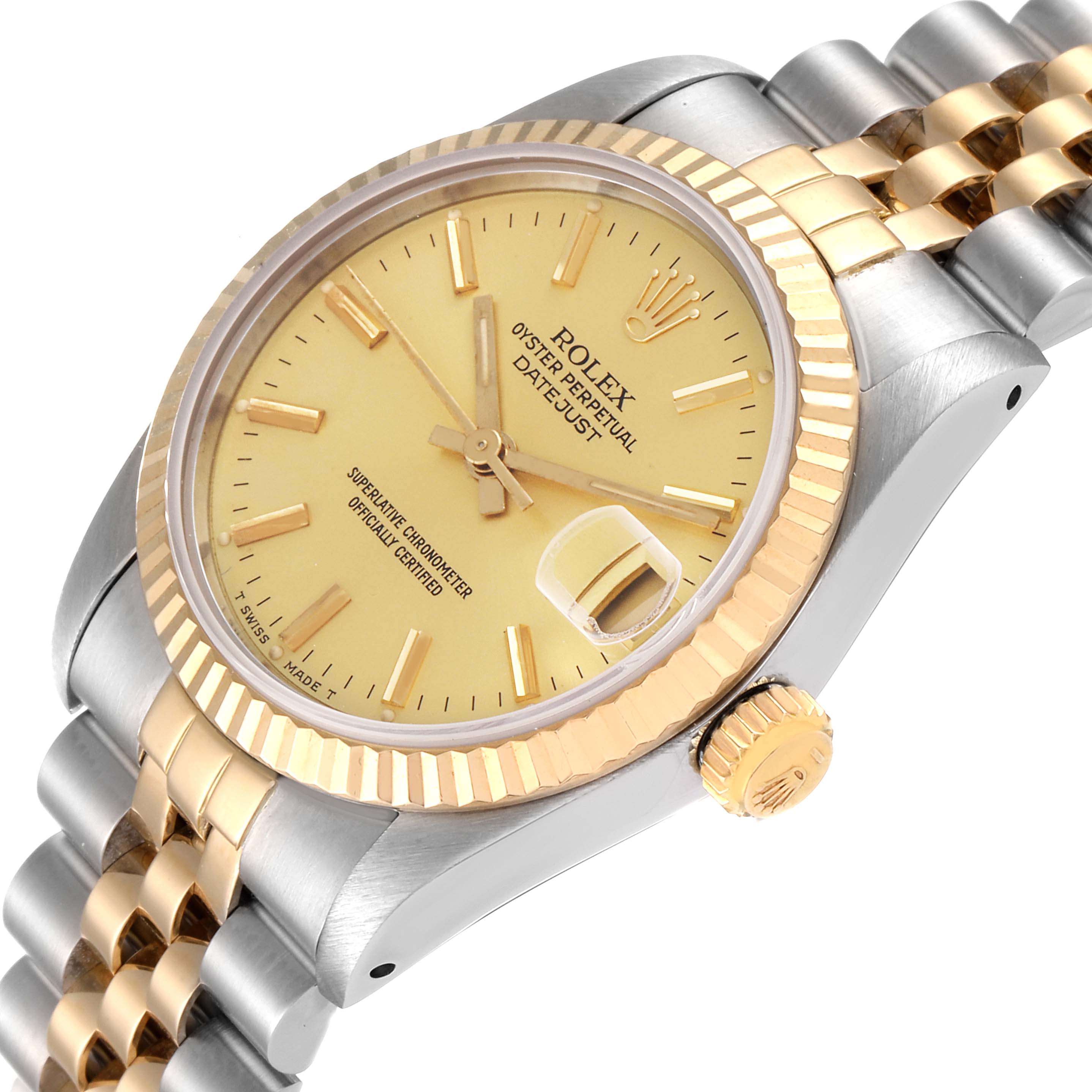 The image shows the face, bezel, crown, and bracelet of a Rolex Mid-Size 68273 Women's Steel and Gold (two tone) Champagne Dial 68273 Women's Steel and Gold (two tone) Champagne Dial Oyster Perpetual Datejust watch at an angled view.