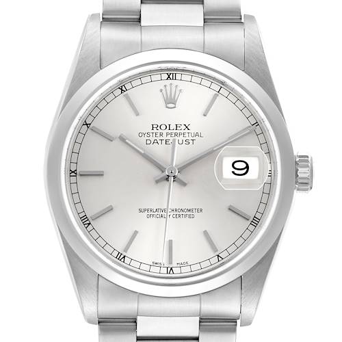 The Rolex Datejust 116200 Men's Stainless Steel Silver Dial watch is shown from a top-down angle, displaying the face, crown, and part of the bracelet.