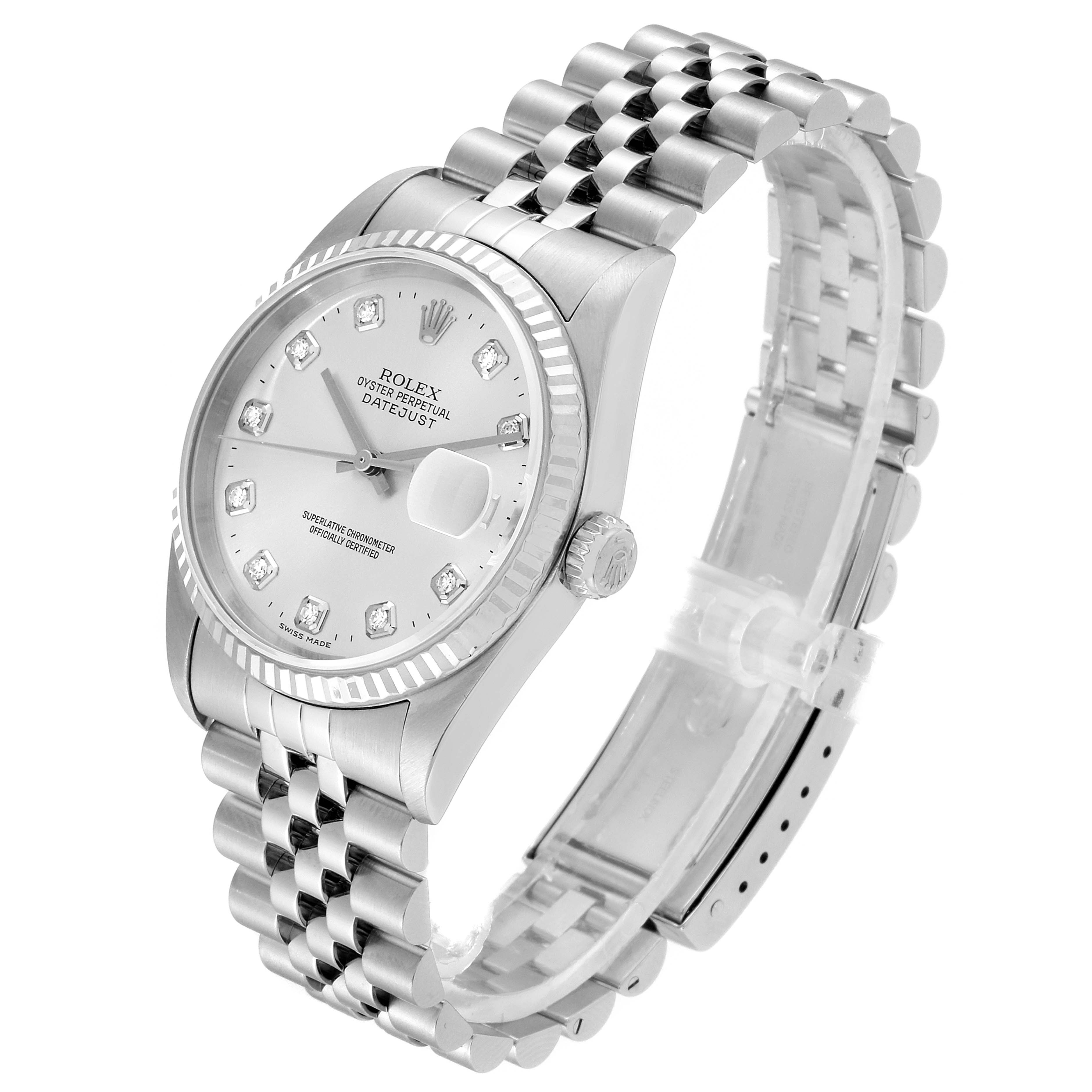 The image shows a Rolex Datejust 16234 Men's Stainless Steel Silver Dial 16234 Men's Stainless Steel Silver Dial watch at an angle highlighting its face, bezel, crown, and bracelet.