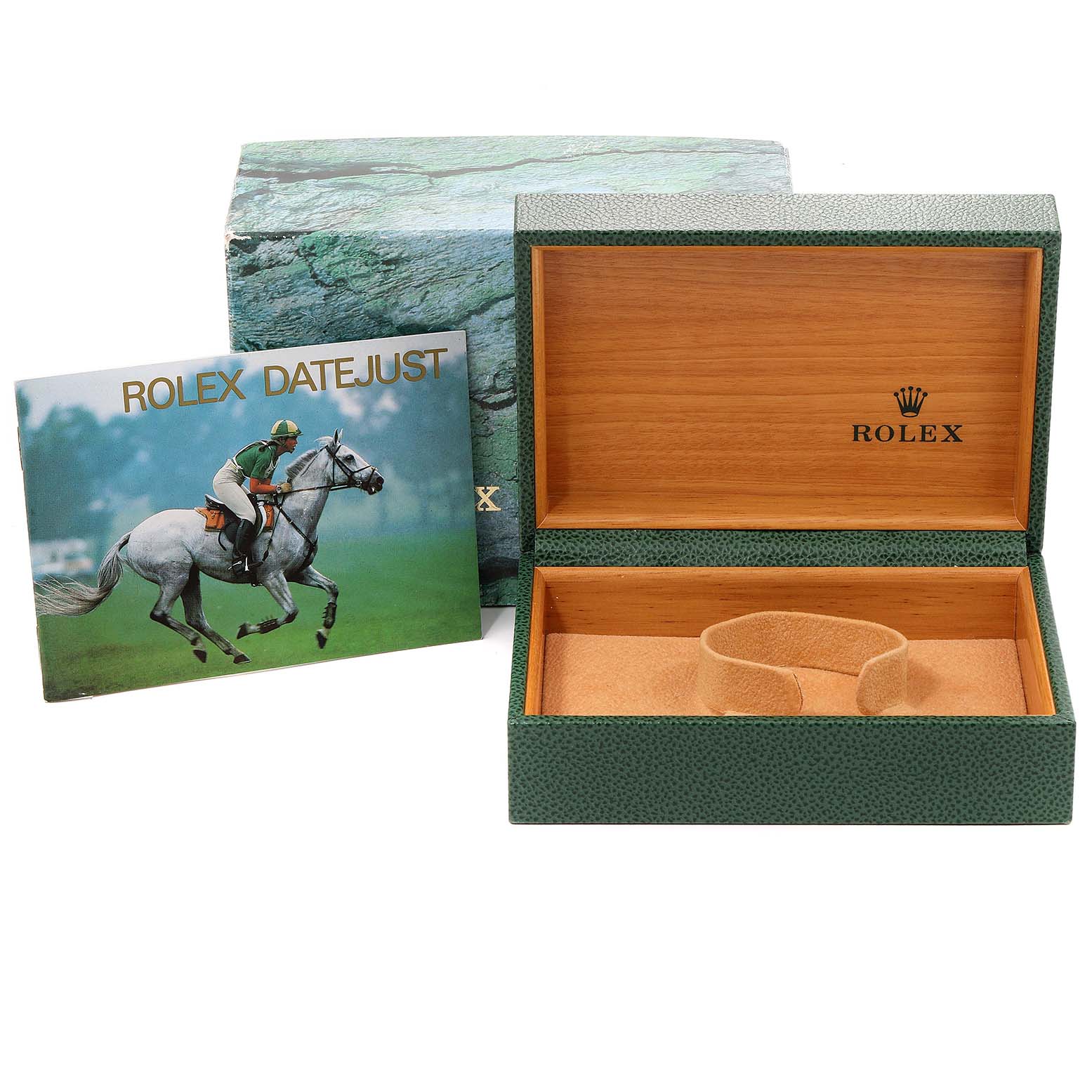 The image shows an open Rolex Datejust 16234 Men's Stainless Steel Silver Dial 16234 Men's Stainless Steel Silver Dial box and its booklet, viewed from the front.