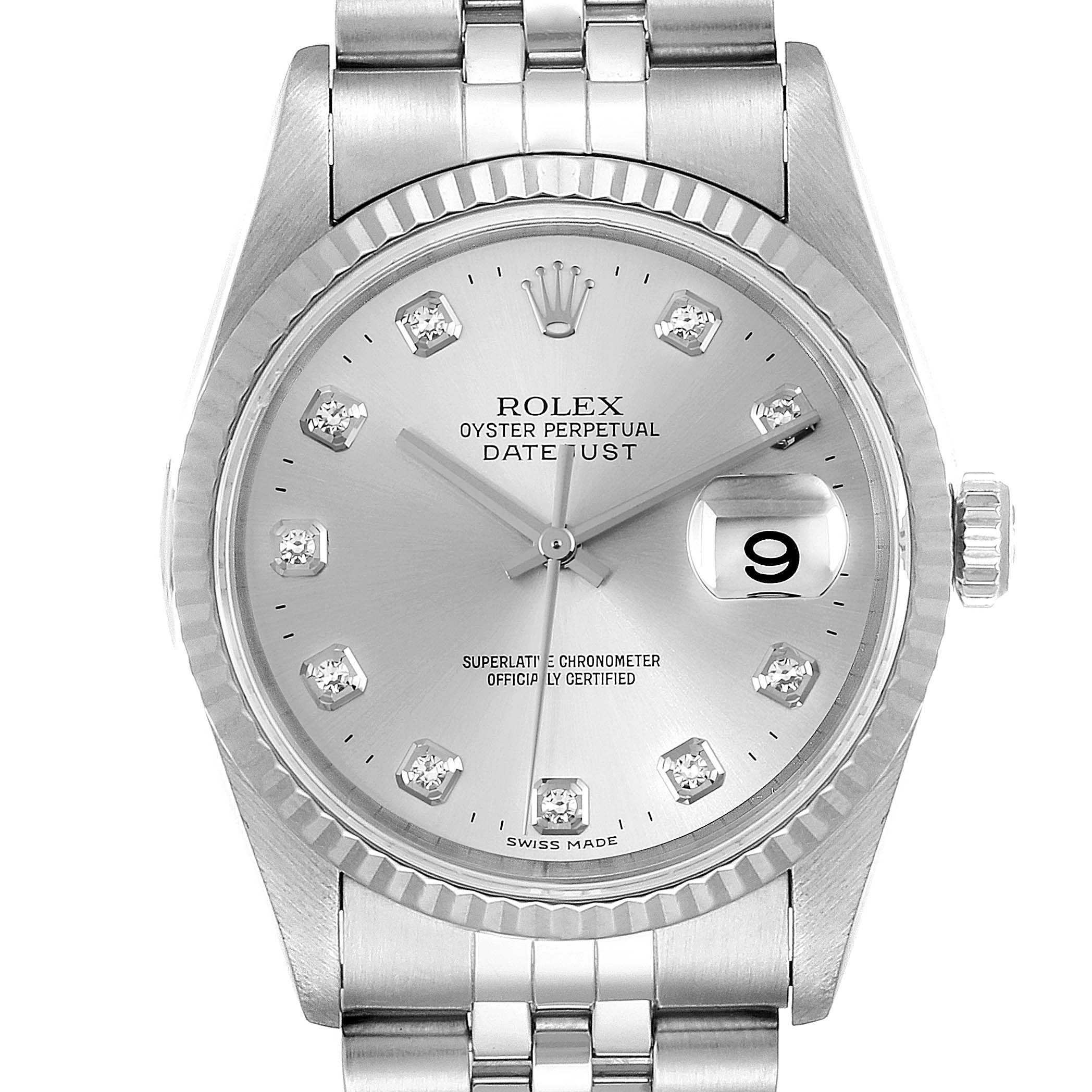 The image shows a frontal view of a Rolex Datejust 16234 Men's Stainless Steel Silver Dial 16234 Men's Stainless Steel Silver Dial watch, highlighting the dial, bezel, crown, and part of the bracelet.