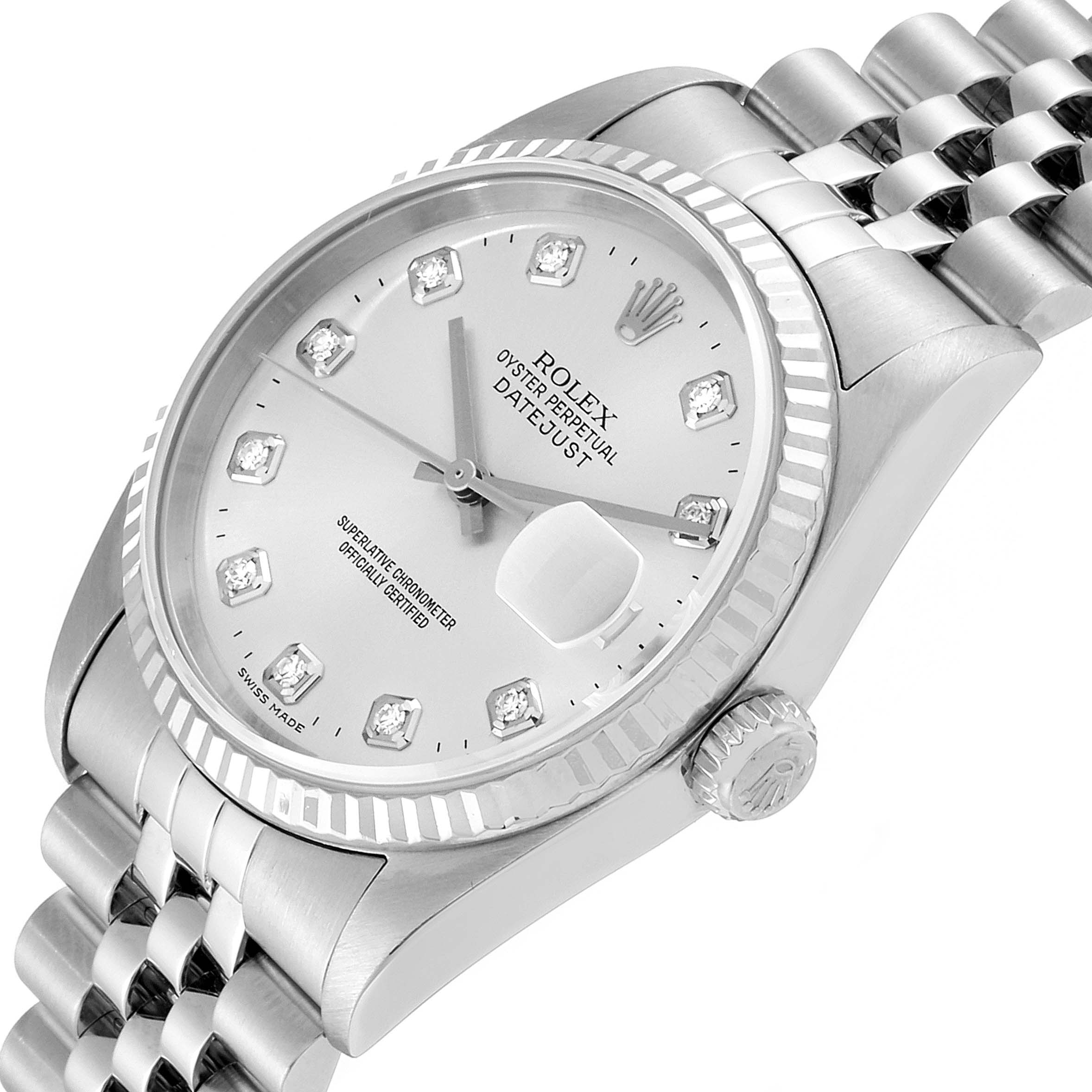 The Rolex Datejust 16234 Men's Stainless Steel Silver Dial 16234 Men's Stainless Steel Silver Dial watch is shown at an angle, displaying the face, bezel, crown, and part of the bracelet.