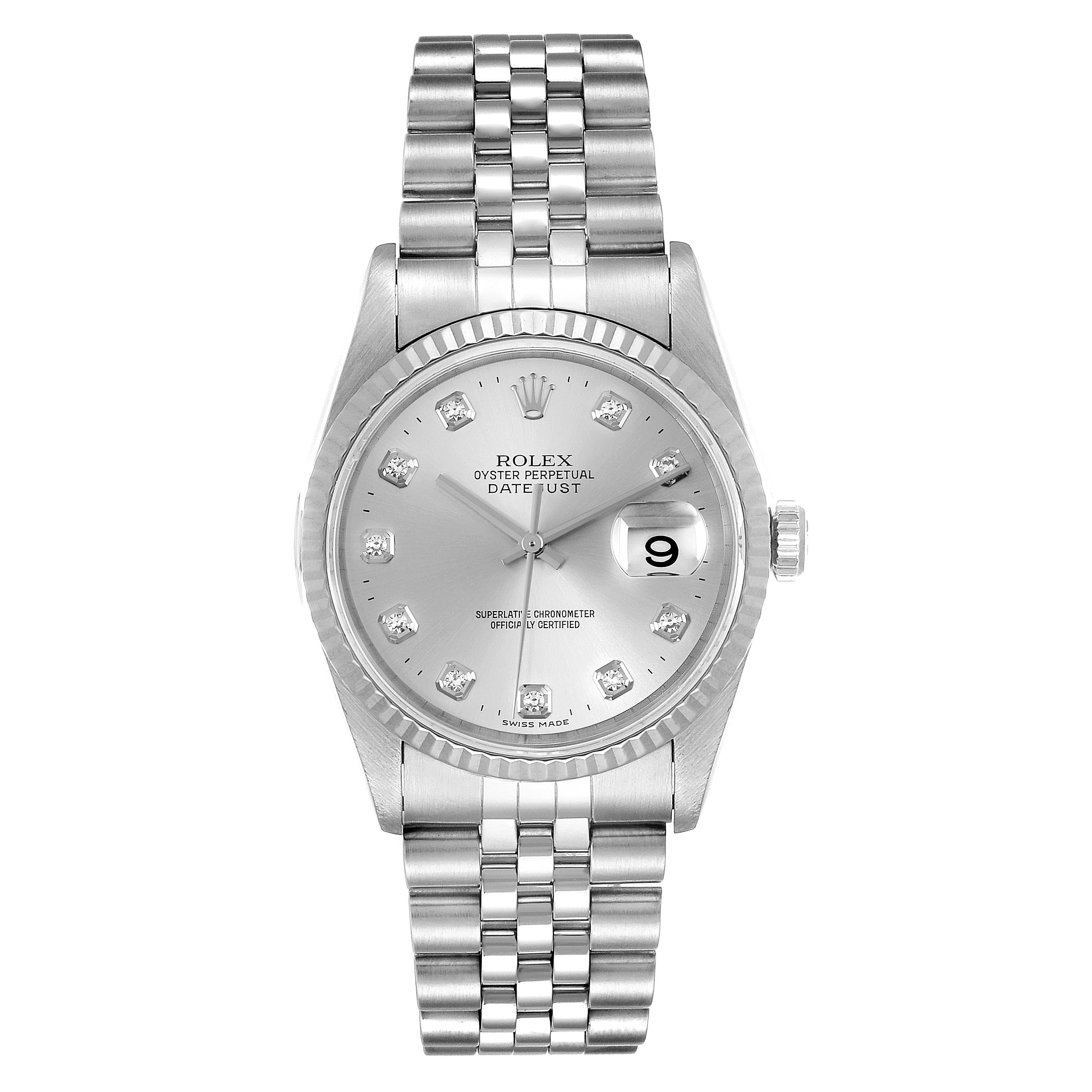 This image shows a frontal view of the Rolex Datejust 16234 Men's Stainless Steel Silver Dial 16234 Men's Stainless Steel Silver Dial watch, highlighting the face, dial, case, and bracelet.