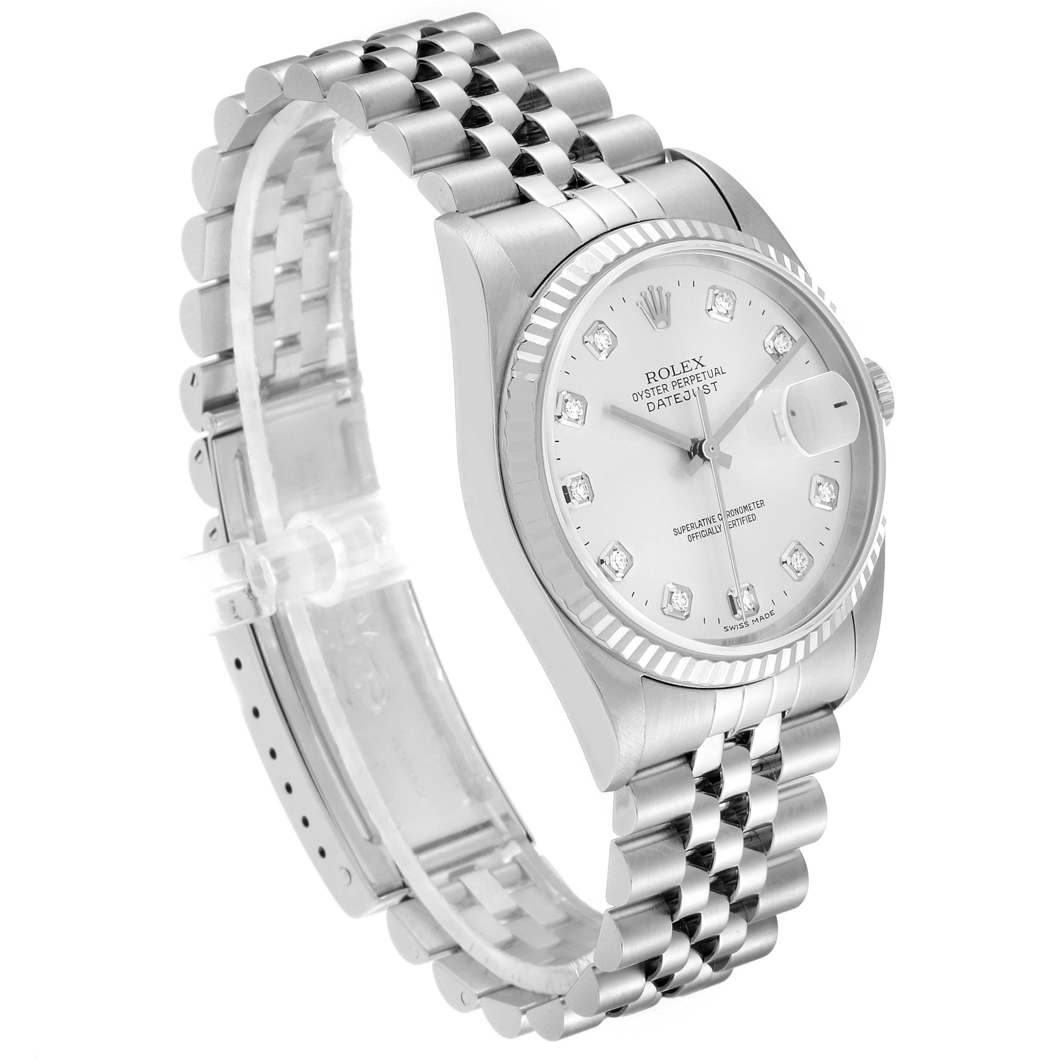This Rolex Datejust 16234 Men's Stainless Steel Silver Dial 16234 Men's Stainless Steel Silver Dial watch is shown at an angle displaying its face, bracelet, and part of the clasp.