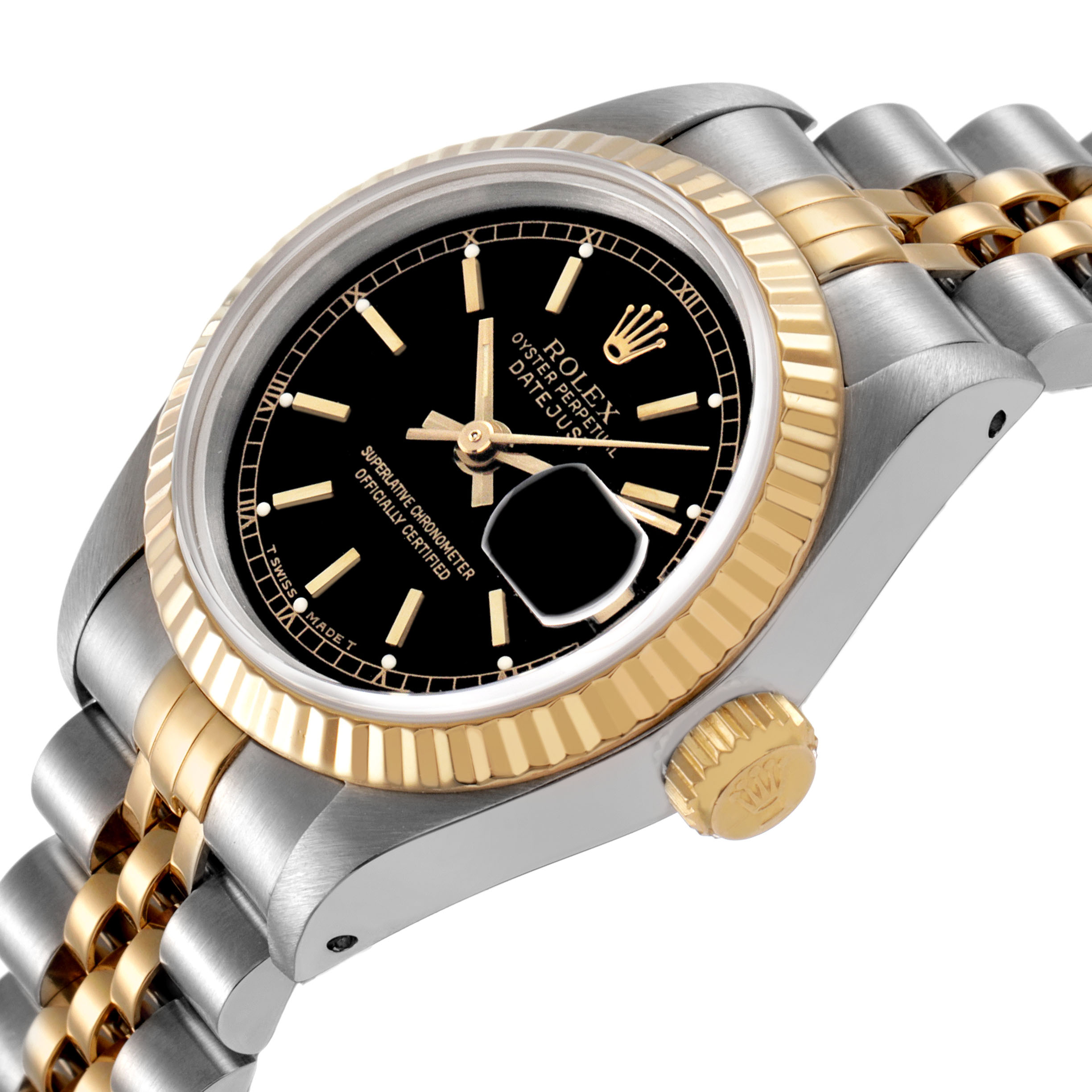 The Rolex Datejust 69173 Women's Yellow Gold Black Dial watch is shown at an angle highlighting the bezel, crown, dial, and bracelet details.