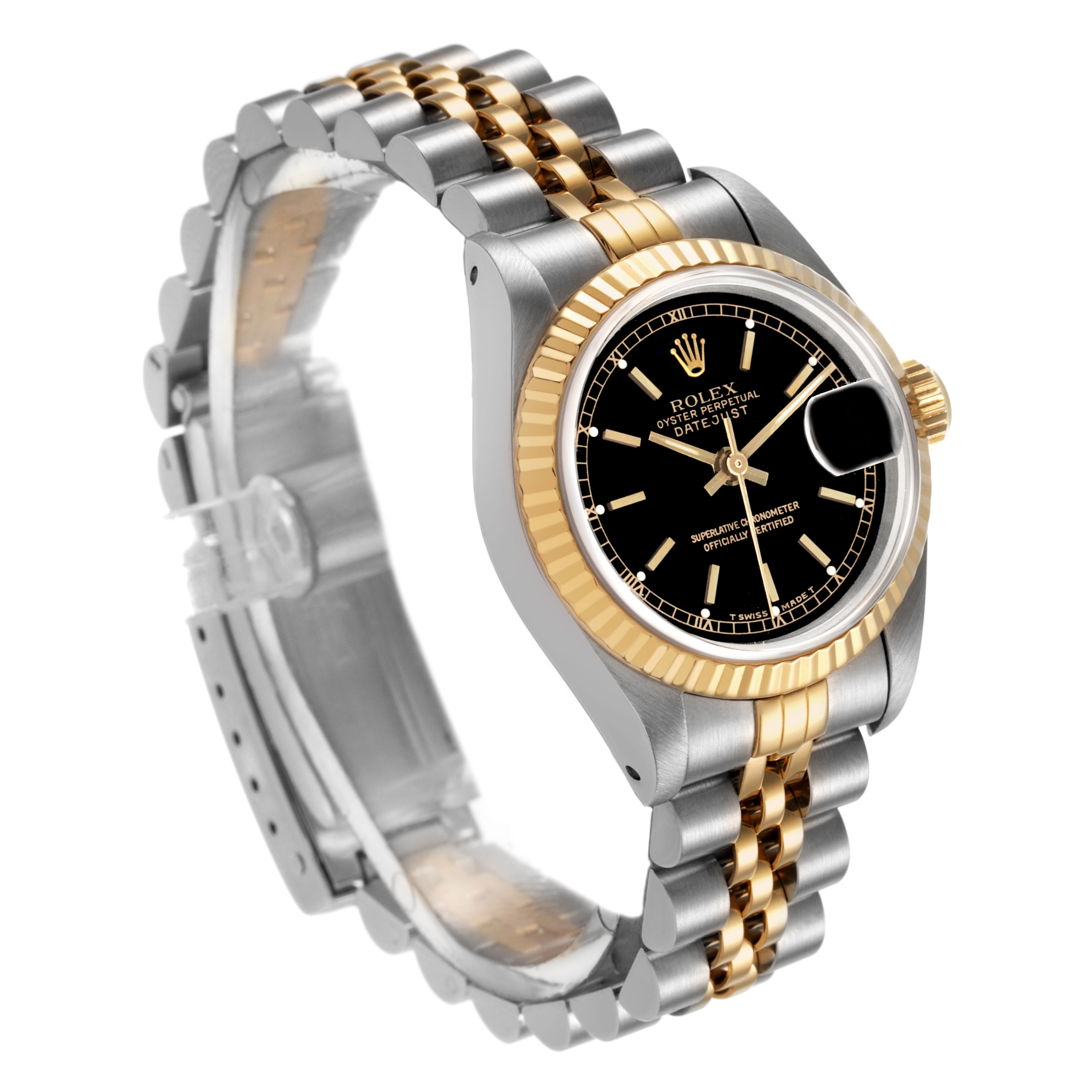 The Rolex Datejust 69173 Women's Yellow Gold Black Dial watch is shown at a three-quarter angle, highlighting the dial, fluted bezel, and two-tone bracelet.