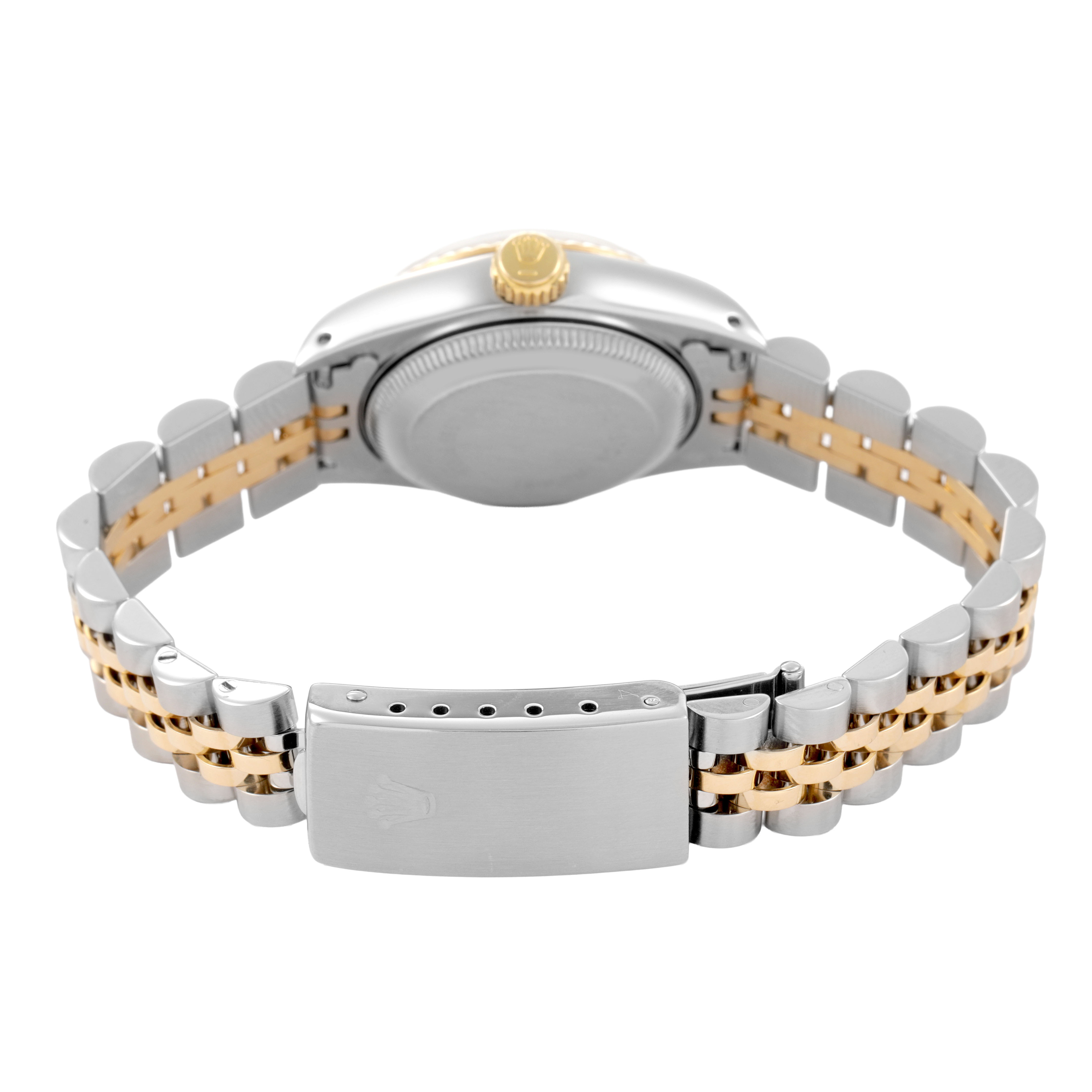 The Rolex Datejust 69173 Women's Yellow Gold Black Dial watch is shown from the back, highlighting the case back, crown, and two-tone Jubilee bracelet with clasp.