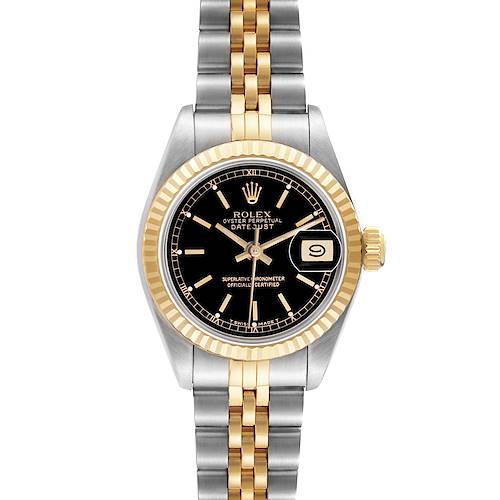 The Rolex Datejust 69173 Women's Yellow Gold Black Dial watch is shown from the front, displaying the dial, bezel, bracelet, and date window.