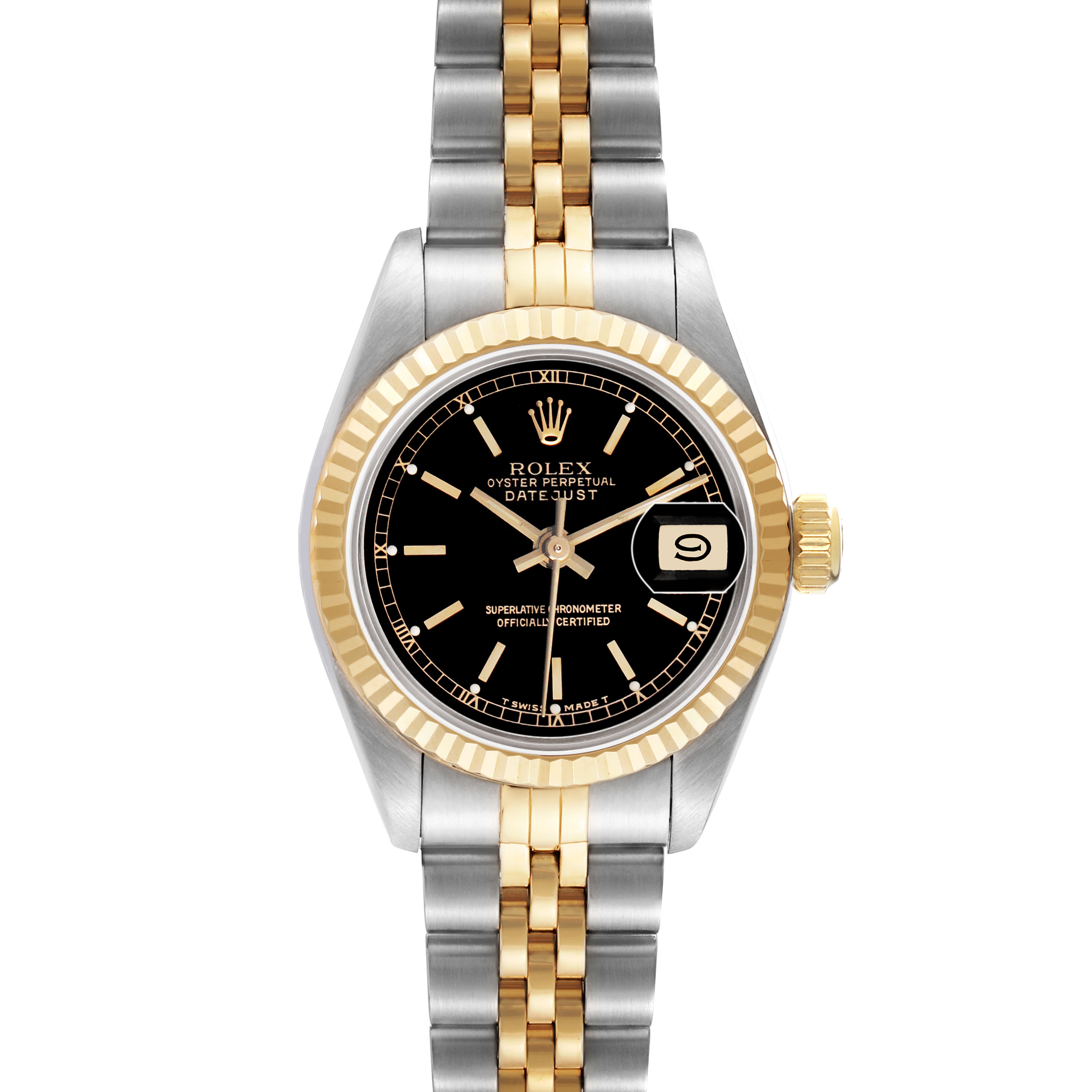 The Rolex Datejust 69173 Women's Yellow Gold Black Dial watch is shown from a front angle, highlighting the dial, bezel, and two-tone bracelet.