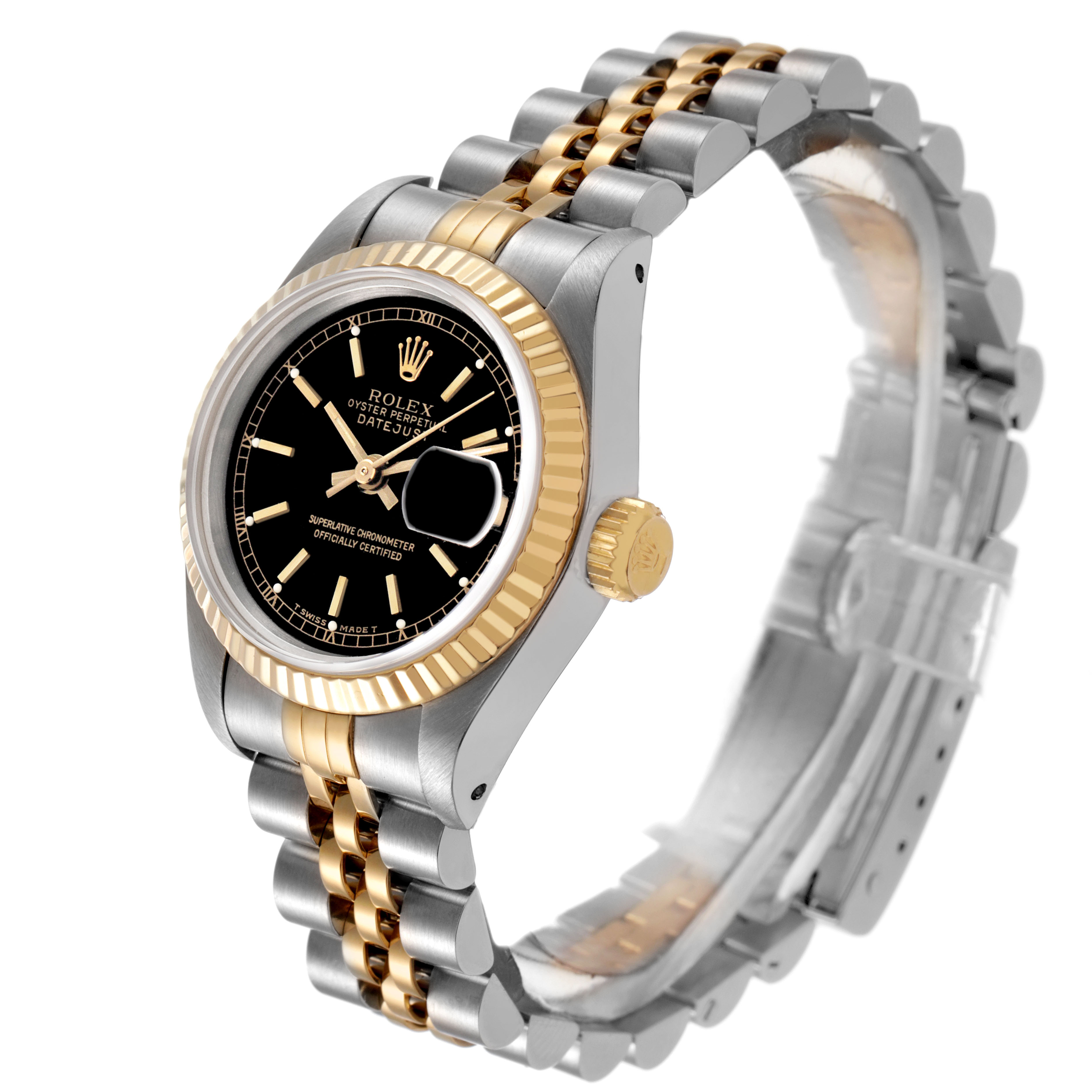 The Rolex Datejust 69173 Women's Yellow Gold Black Dial watch is shown at a three-quarter angle, highlighting its bezel, dial, crown, and two-tone bracelet.