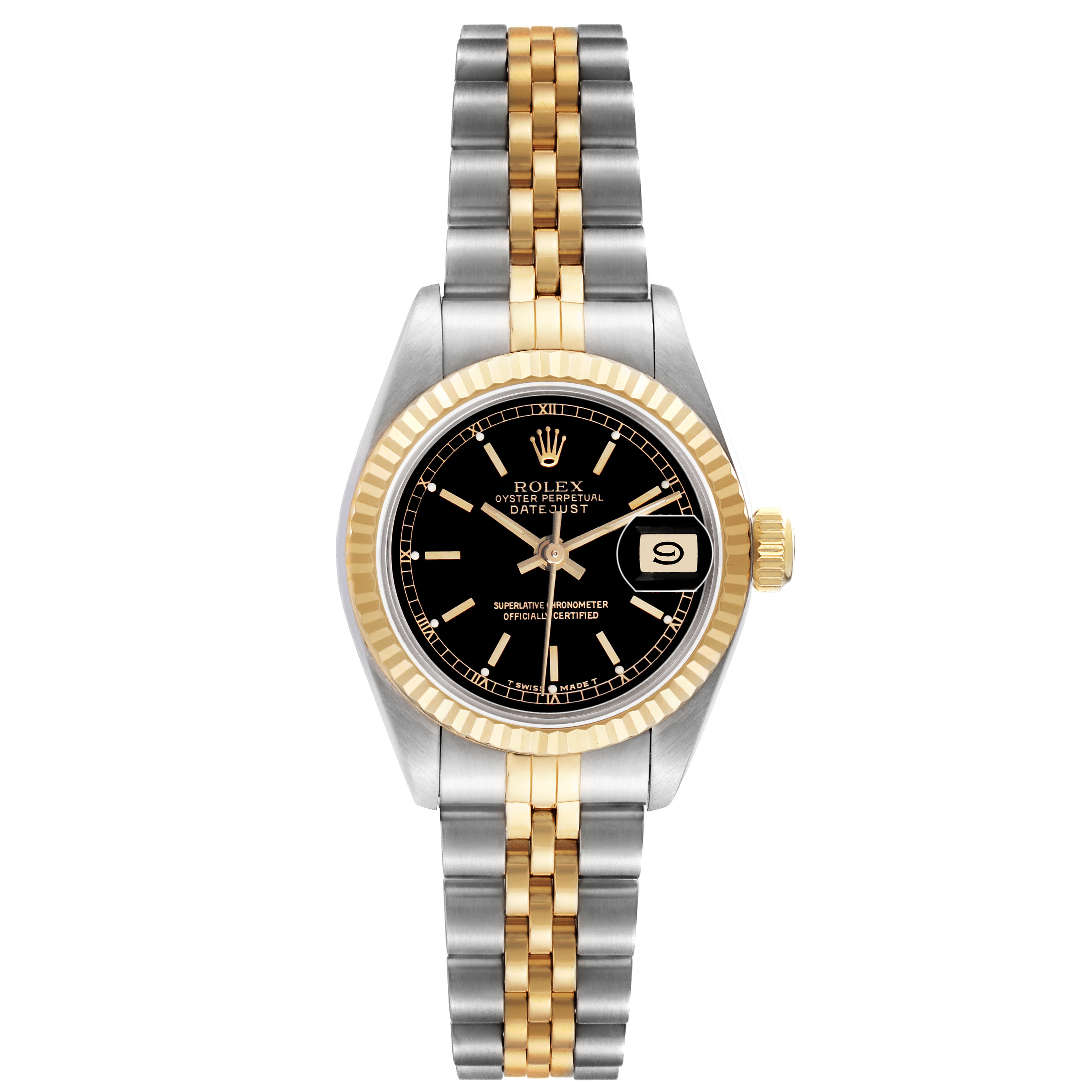 The Rolex Datejust 69173 Women's Yellow Gold Black Dial watch is shown from a top view, featuring its black dial, gold and silver jubilee bracelet, and date window.