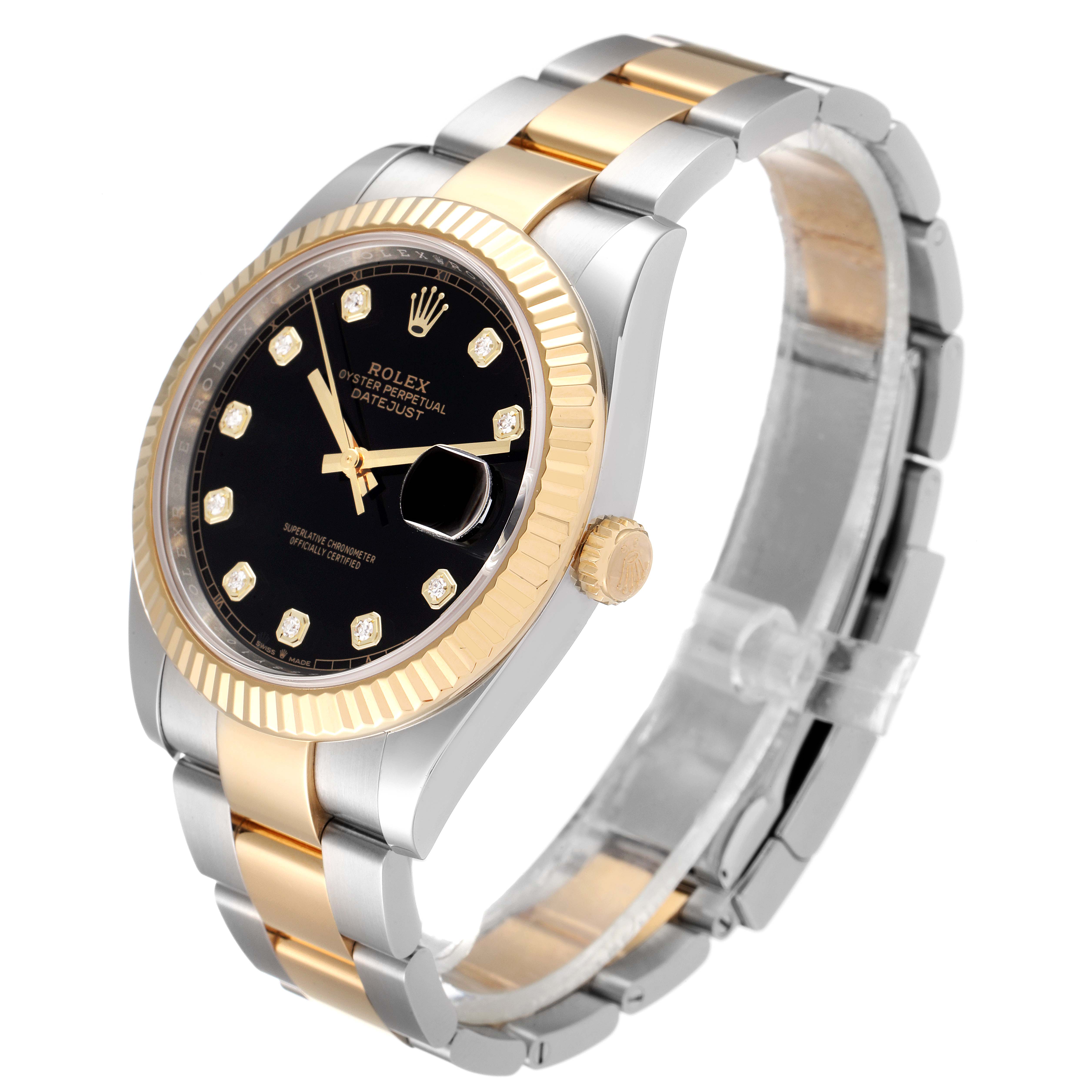 This image shows a Rolex Datejust 41 126333 Men's Steel and Gold (two tone) Black Dial 126333 Men's Steel and Gold (two tone) Black Dial watch angled to the right, highlighting its black dial, gold bezel, and two-tone bracelet.