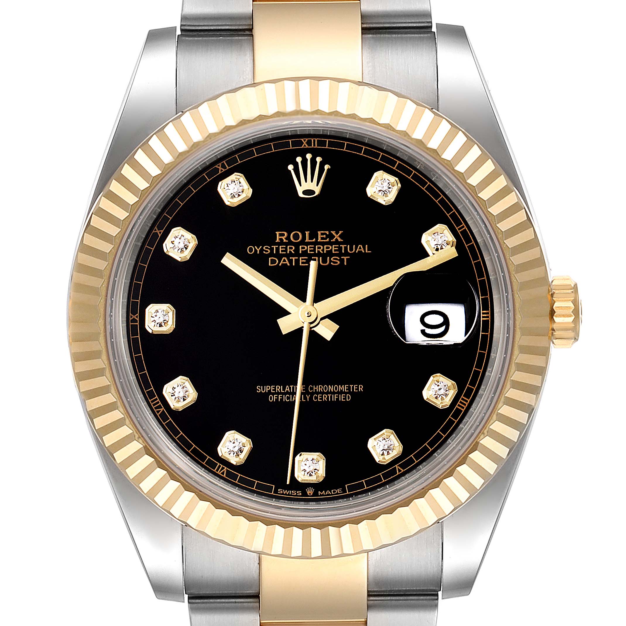 The image shows a front view of the Rolex Datejust 41 126333 Men's Steel and Gold (two tone) Black Dial 126333 Men's Steel and Gold (two tone) Black Dial, highlighting the black dial, diamond markers, and gold fluted bezel.