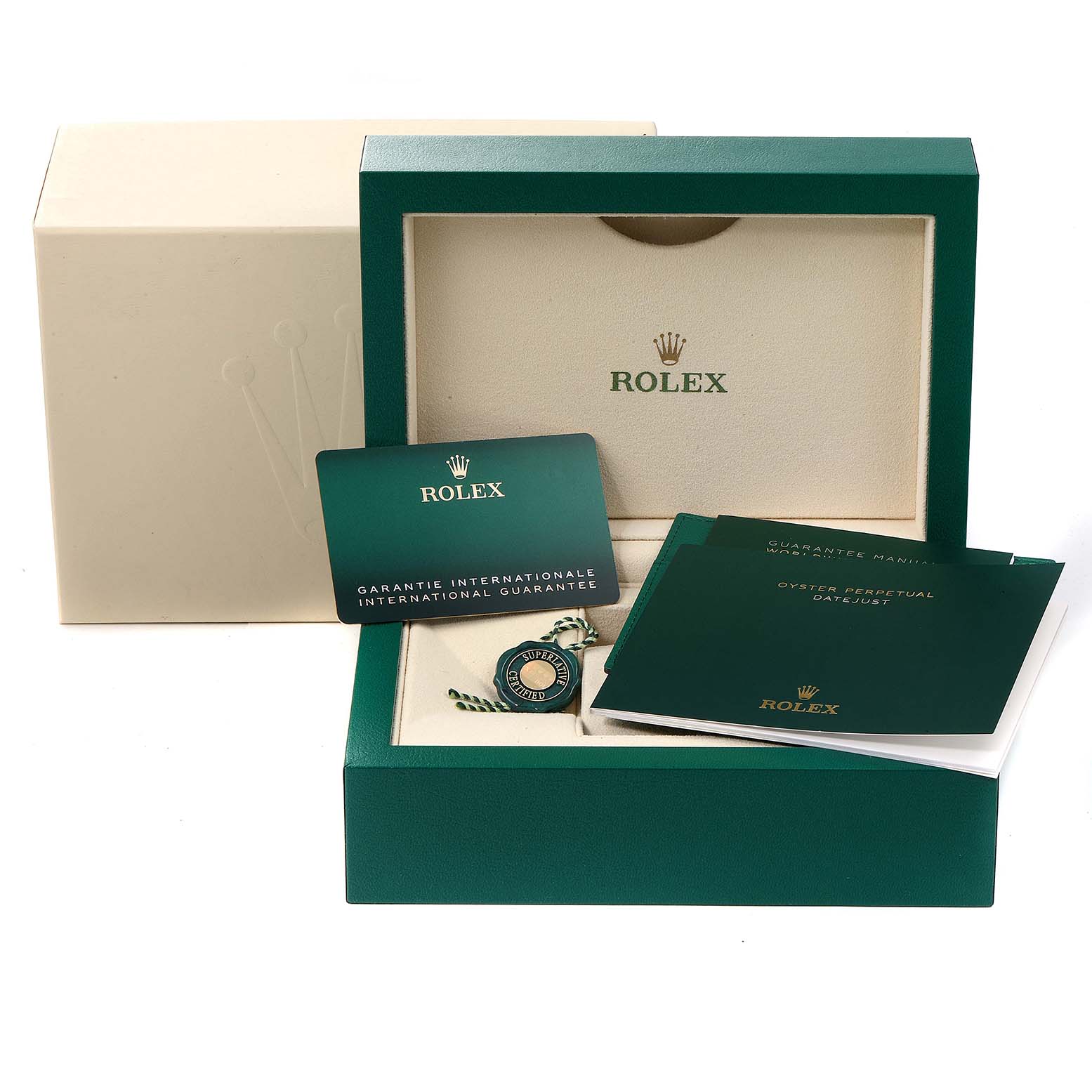 The image shows the packaging and accessories for a Rolex Datejust 41 126333 Men's Steel and Gold (two tone) Black Dial 126333 Men's Steel and Gold (two tone) Black Dial, including a warranty card, manuals, and a green box.