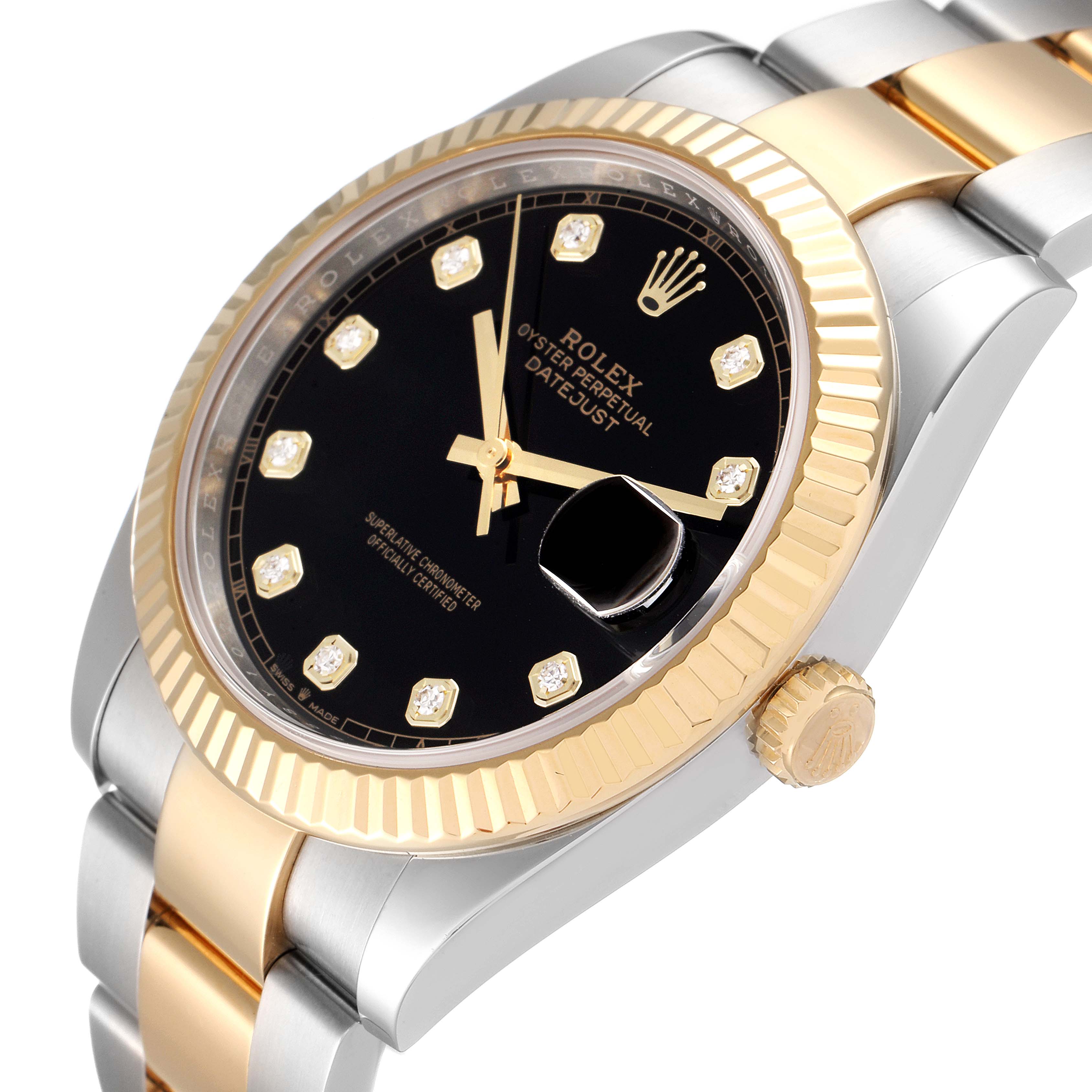 The image shows a close-up, angled view of the Rolex Datejust 41 126333 Men's Steel and Gold (two tone) Black Dial 126333 Men's Steel and Gold (two tone) Black Dial, highlighting its black dial, gold fluted bezel, and two-tone bracelet.