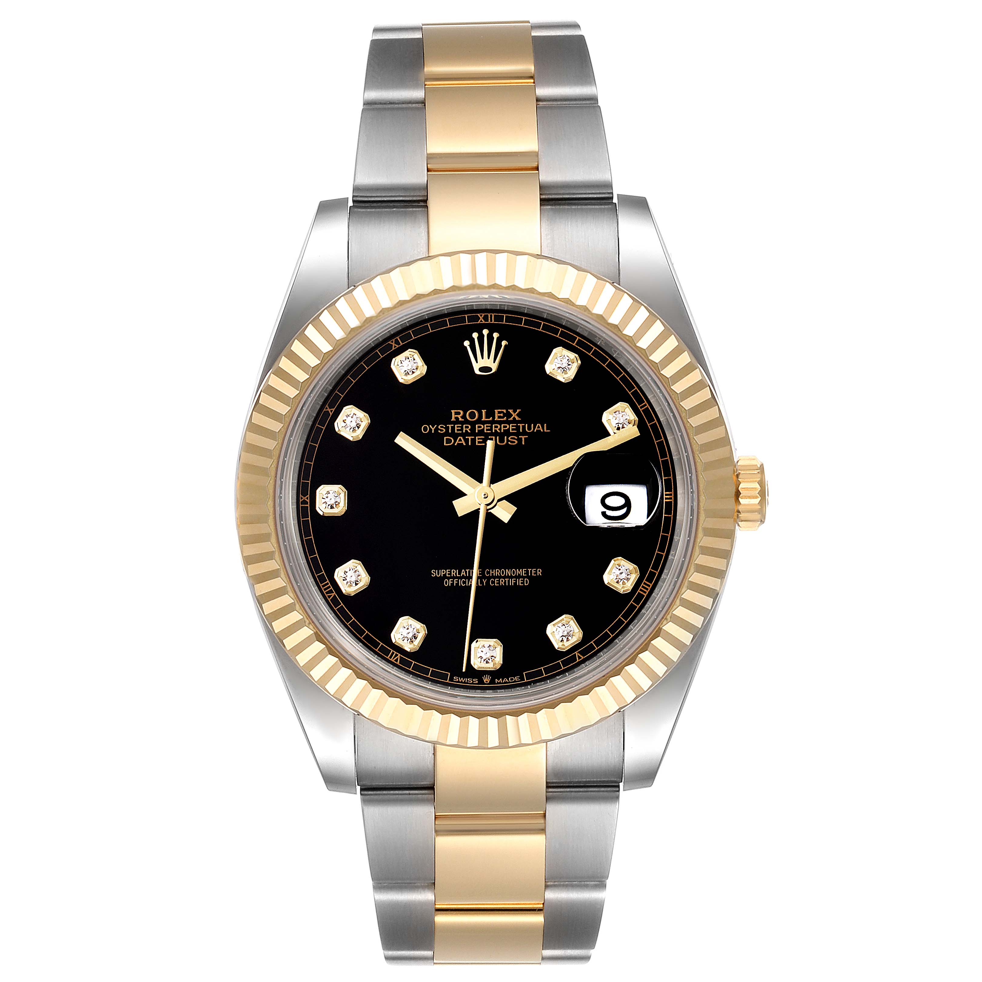 The Rolex Datejust 41 126333 Men's Steel and Gold (two tone) Black Dial 126333 Men's Steel and Gold (two tone) Black Dial watch is shown from a front angle, displaying its dial, bezel, and bracelet.