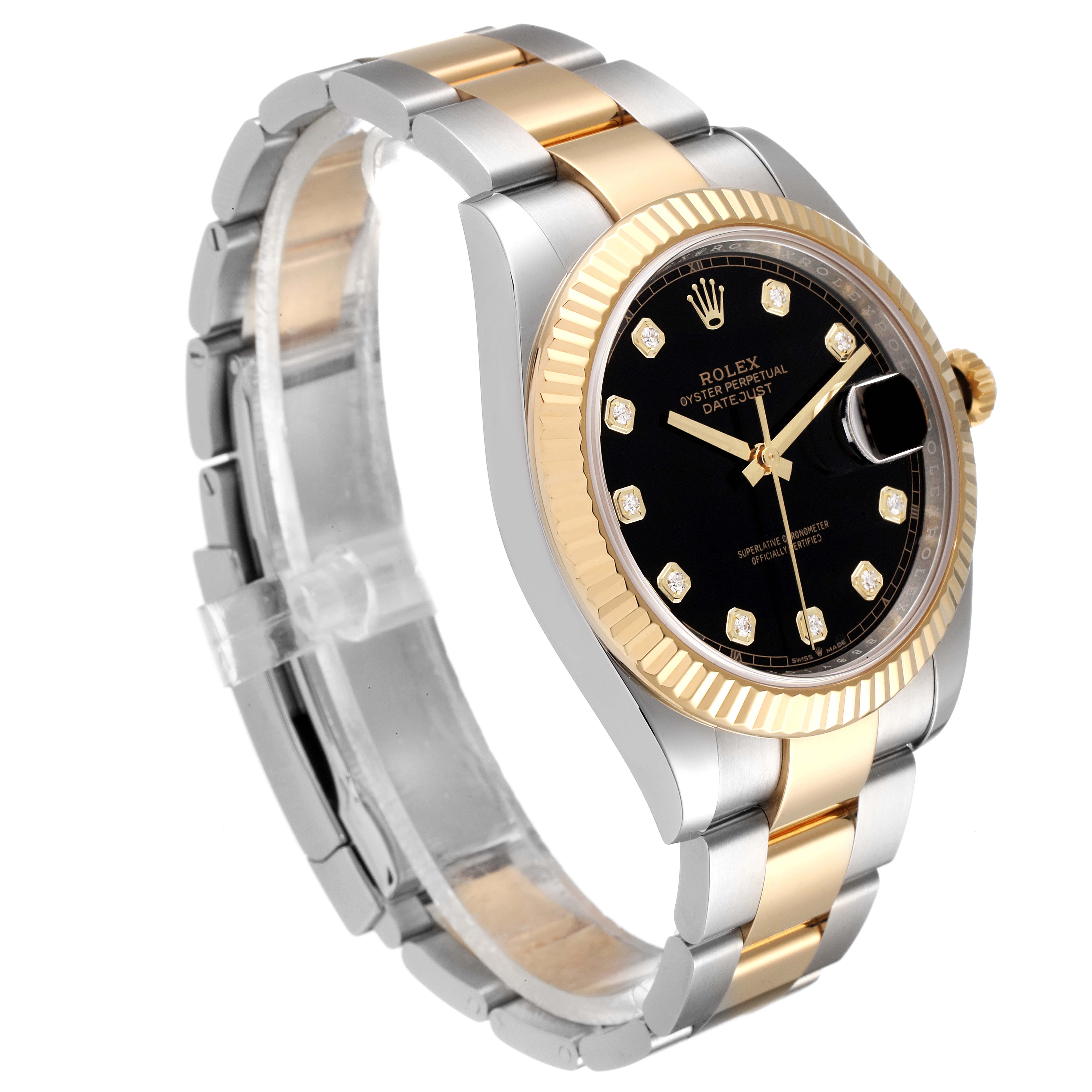 This image shows a Rolex Datejust 41 126333 Men's Steel and Gold (two tone) Black Dial 126333 Men's Steel and Gold (two tone) Black Dial watch at a three-quarter angle, highlighting its two-tone bracelet, fluted bezel, and black dial with diamond hour markers.