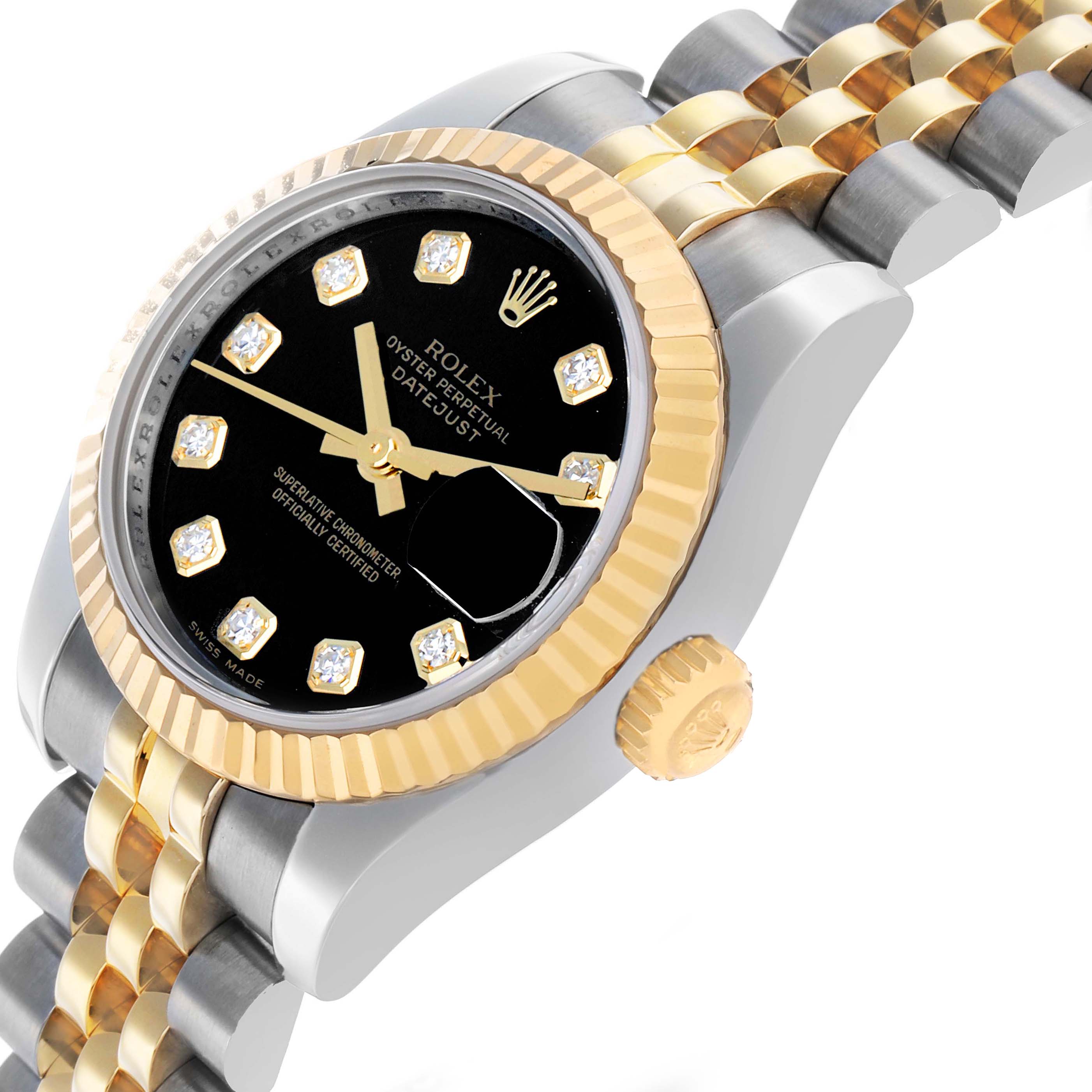 The Rolex Datejust 179173 Women's Steel and Gold (two tone) Black Dial watch is shown at an angled view, highlighting the bezel, dial, crown, and bracelet.