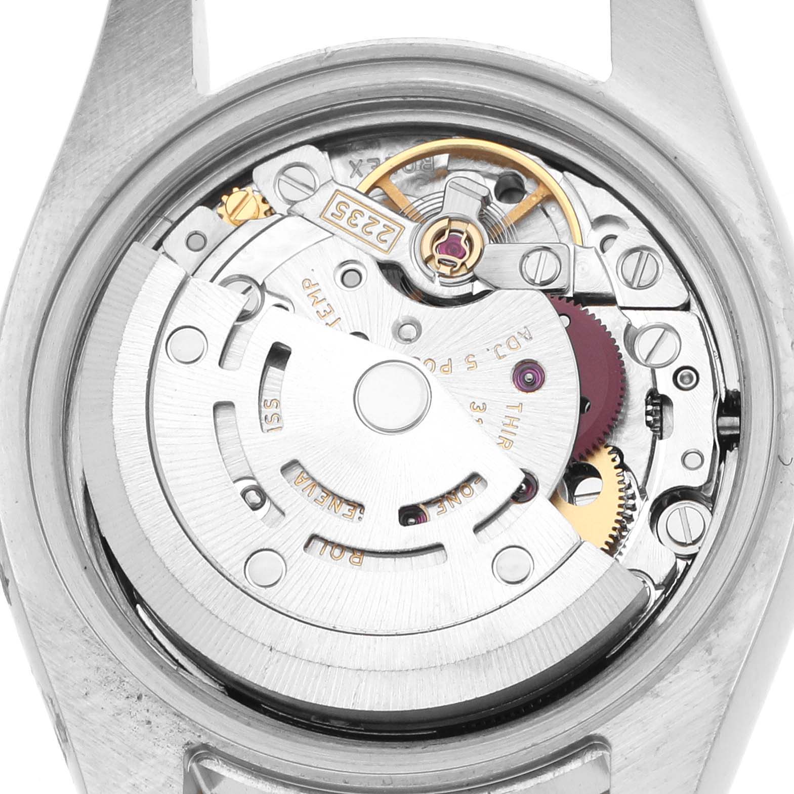 The image shows the back view of a Rolex Datejust 179173 Women's Steel and Gold (two tone) Black Dial, focusing on the movement and rotor mechanism.