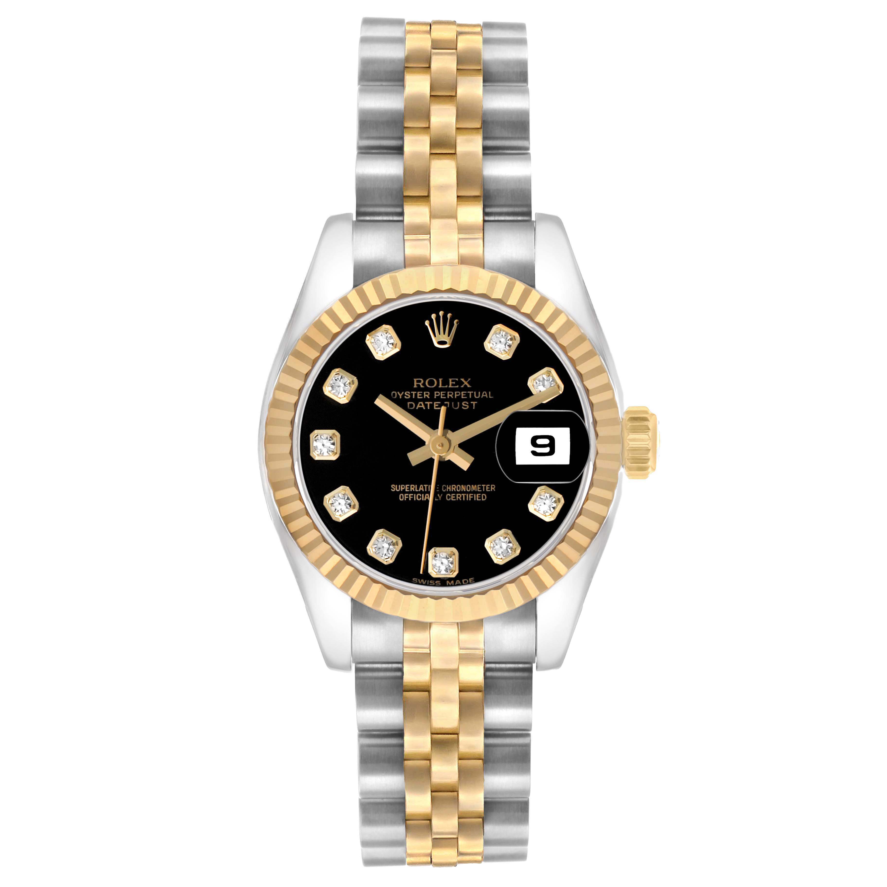 The Rolex Datejust 179173 Women
s Steel and Gold (two tone) Black Dial watch is shown from the front, displaying its dial, bezel, crown, and two-tone bracelet.