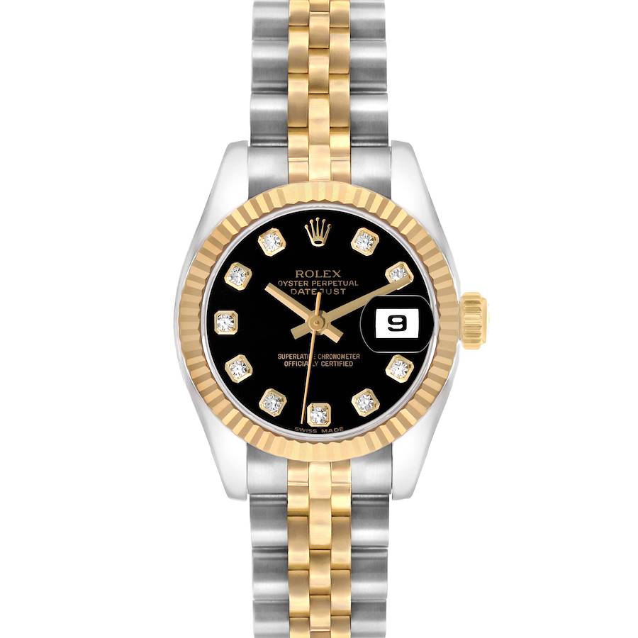 The Rolex Datejust 179173 Women
s Steel and Gold (two tone) Black Dial watch is shown from the front, highlighting its black dial, gold bezel, and two-tone bracelet.