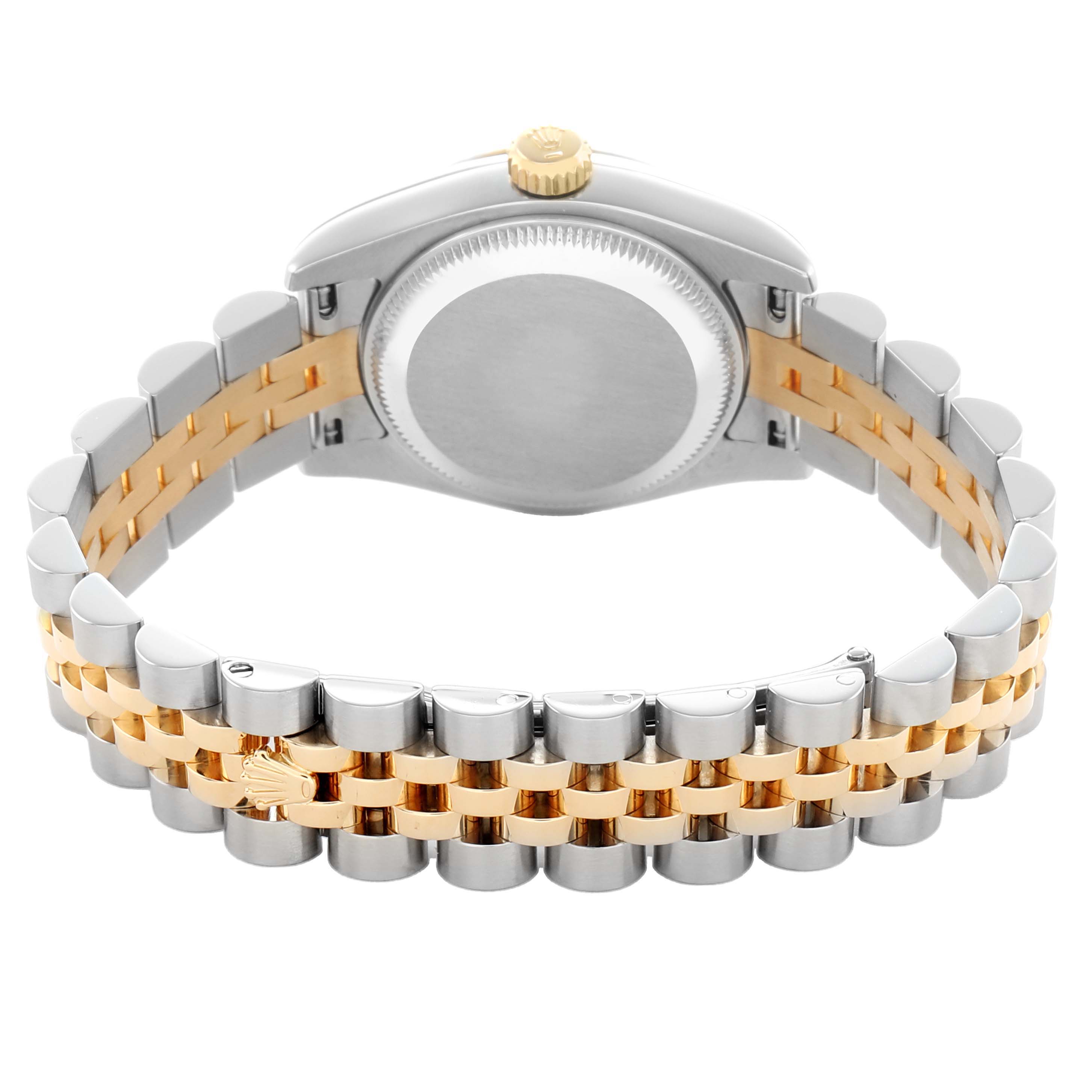 The image shows the back view of a Rolex Datejust 179173 Women's Steel and Gold (two tone) Black Dial watch, highlighting the case back and two-tone bracelet.