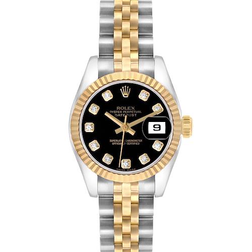 The Rolex Datejust 179173 Women's Steel and Gold (two tone) Black Dial is shown from a front angle, highlighting its two-tone bracelet, black dial, diamond markers, and date window.