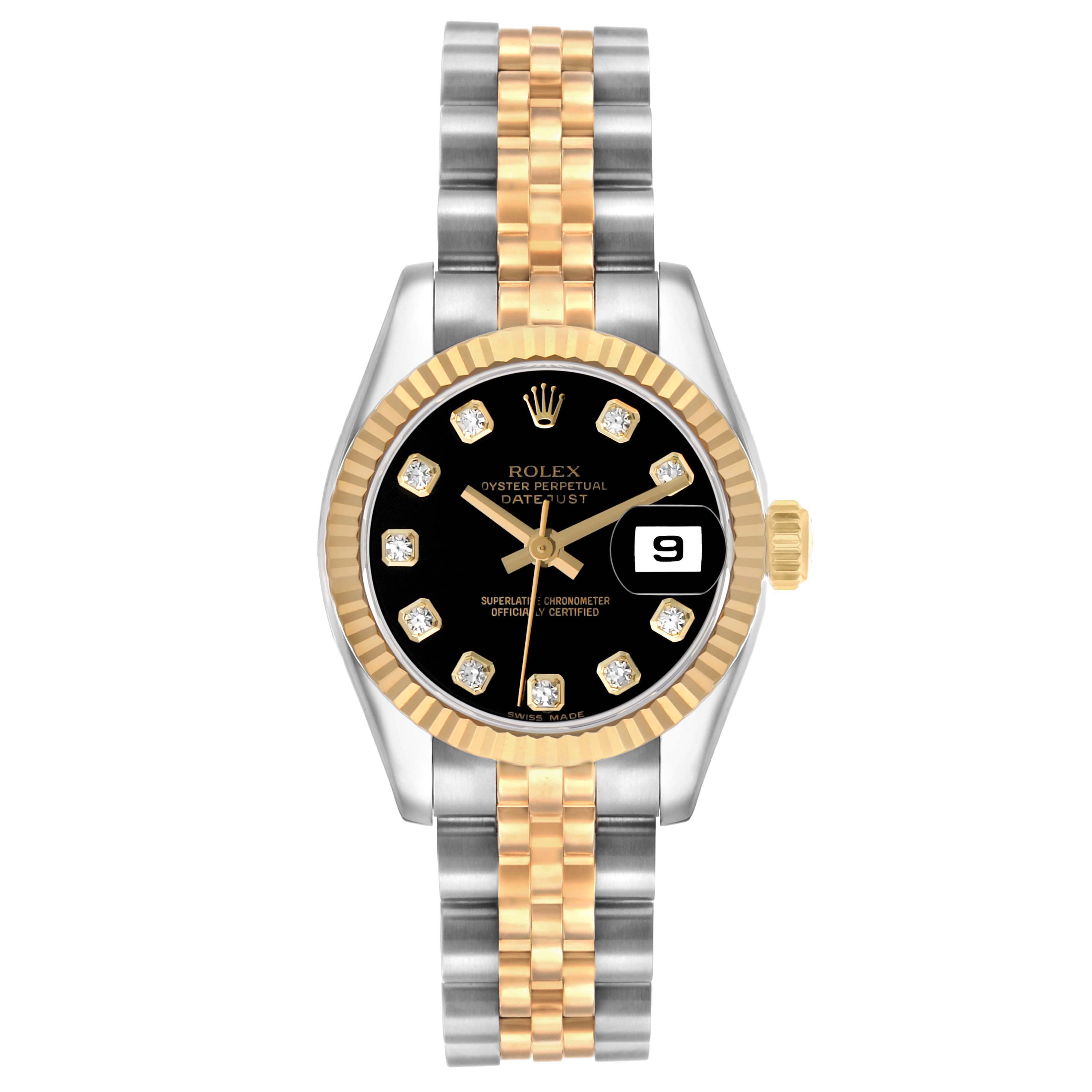 The Rolex Datejust 179173 Women's Steel and Gold (two tone) Black Dial watch is shown from a top view, highlighting its gold and silver jubilee bracelet, black dial, and date window.