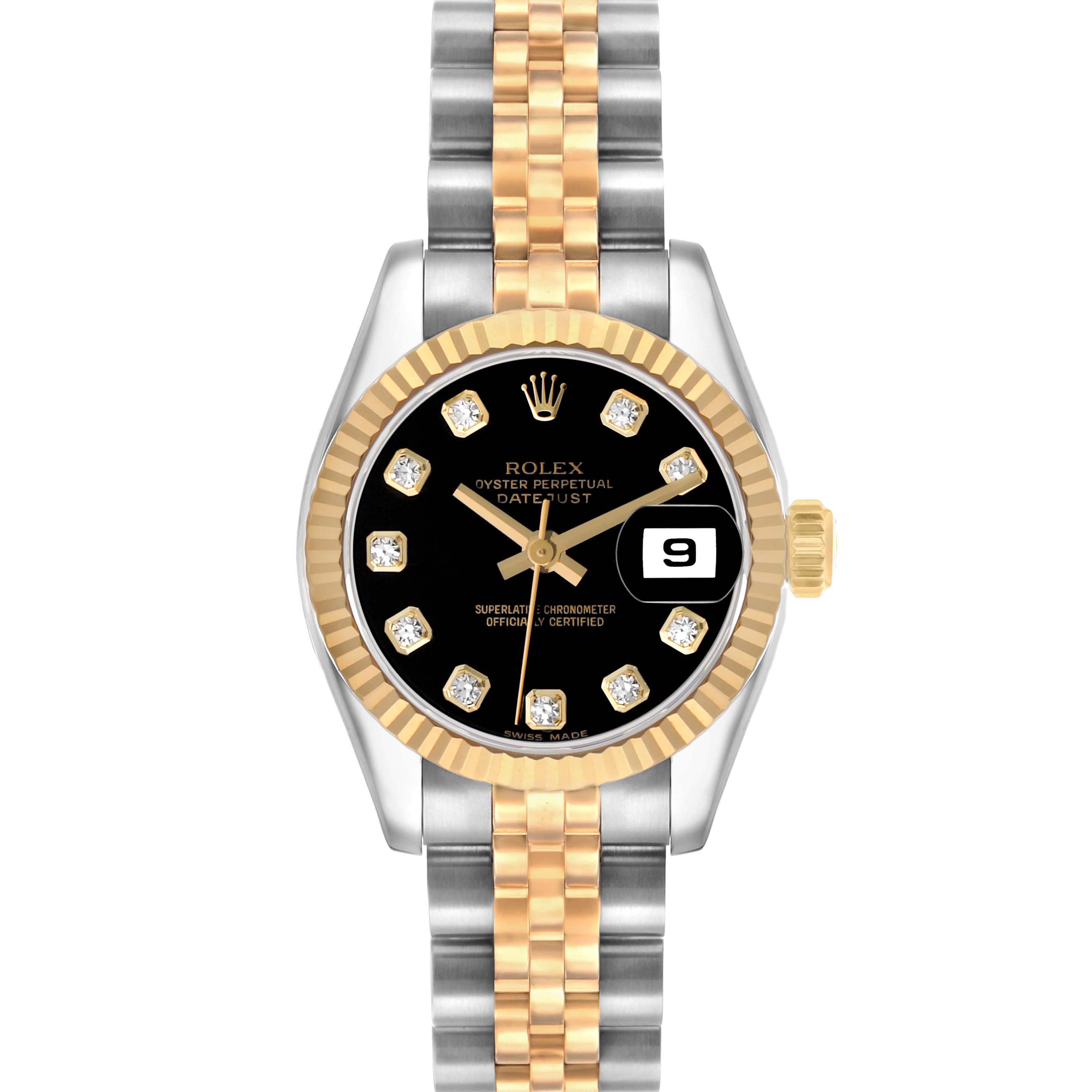 The Rolex Datejust 179173 Women's Steel and Gold (two tone) Black Dial watch is shown from the front, displaying its dial, date window, bezel, crown, and two-tone bracelet.