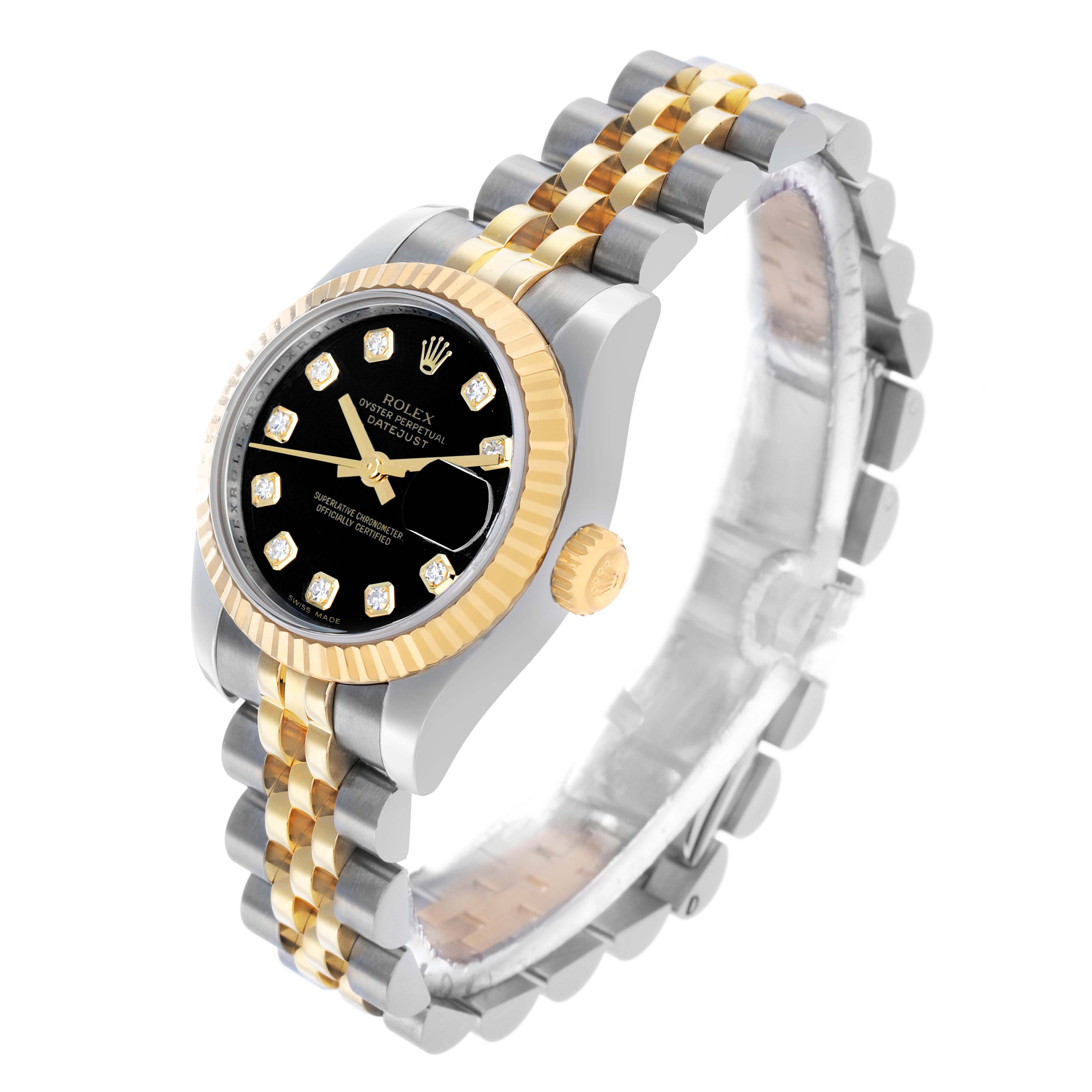 The Rolex Datejust 179173 Women's Steel and Gold (two tone) Black Dial is shown at a three-quarter angle, displaying the face, fluted bezel, crown, and two-tone jubilee bracelet.