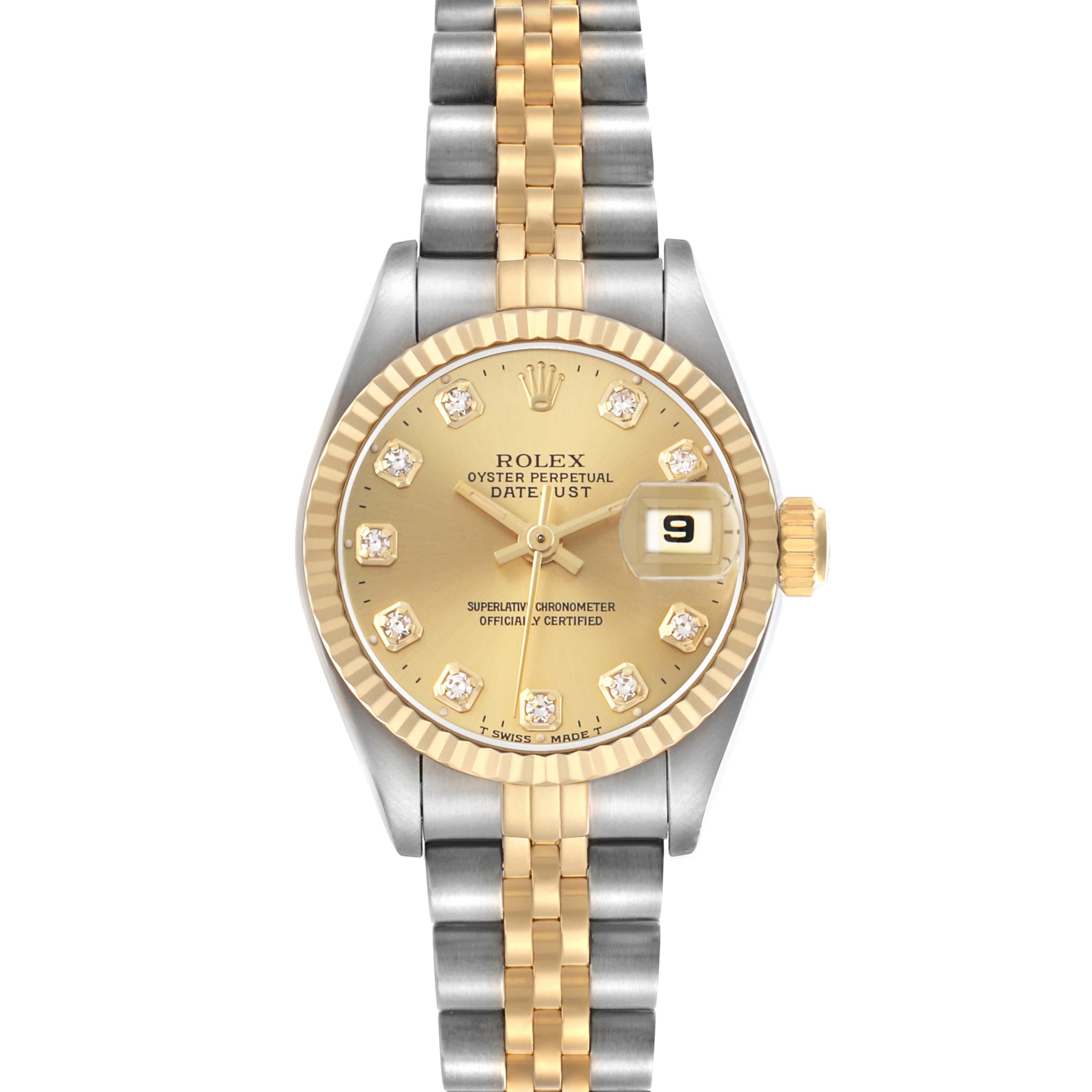 The Rolex Datejust 69173 Women
s Steel and Gold (two tone) Champagne Dial watch is shown from the front, highlighting its gold and silver dial and bracelet.