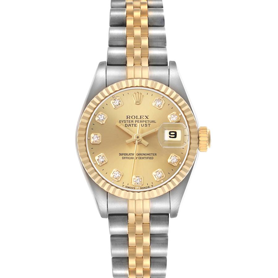 The Rolex Datejust 69173 Women's Steel and Gold (two tone) Champagne Dial watch is shown from the front, highlighting its gold and silver dial and bracelet.