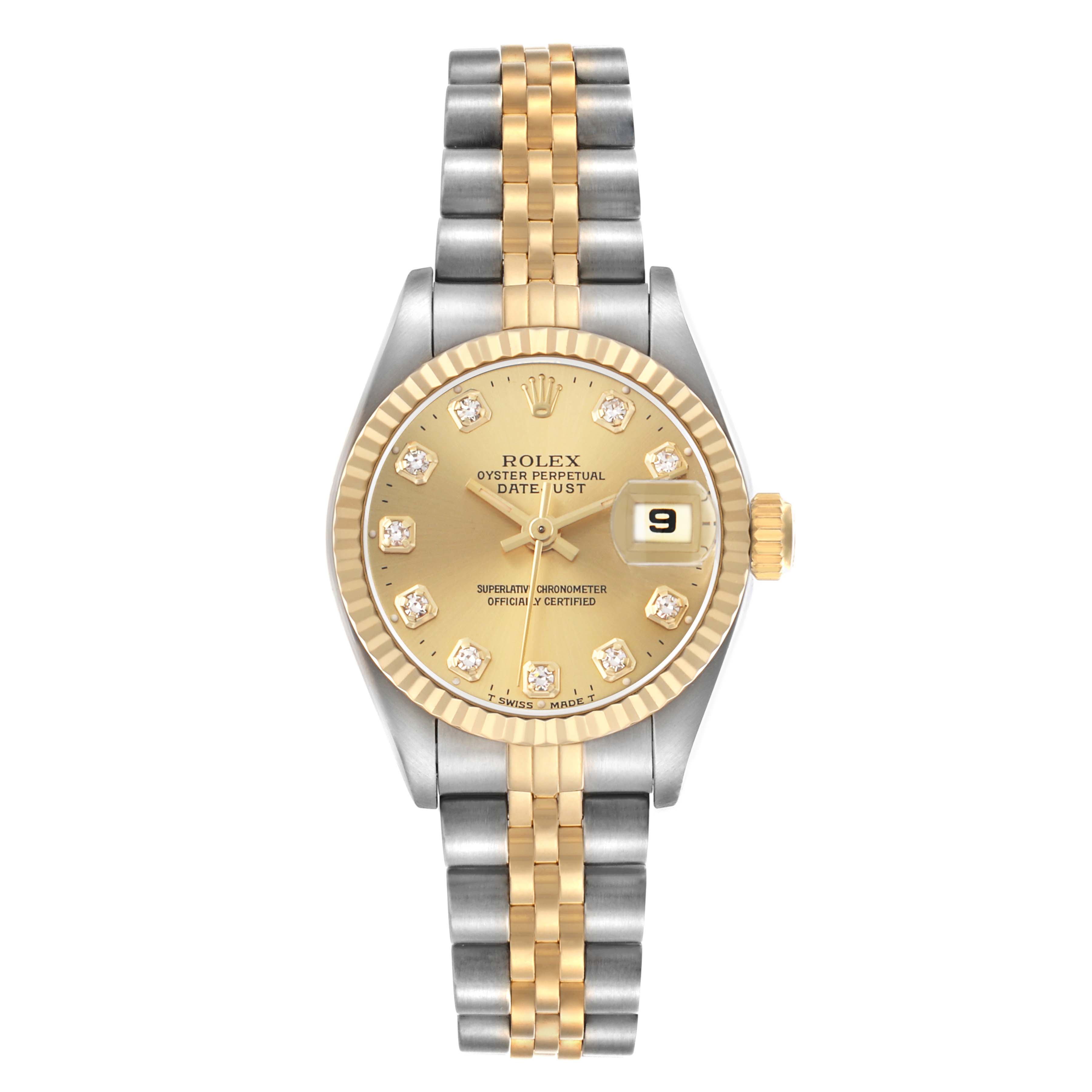 The Rolex Datejust 69173 Women
s Steel and Gold (two tone) Champagne Dial watch is shown from the front, displaying its gold dial, diamond hour markers, and two-tone Jubilee bracelet.