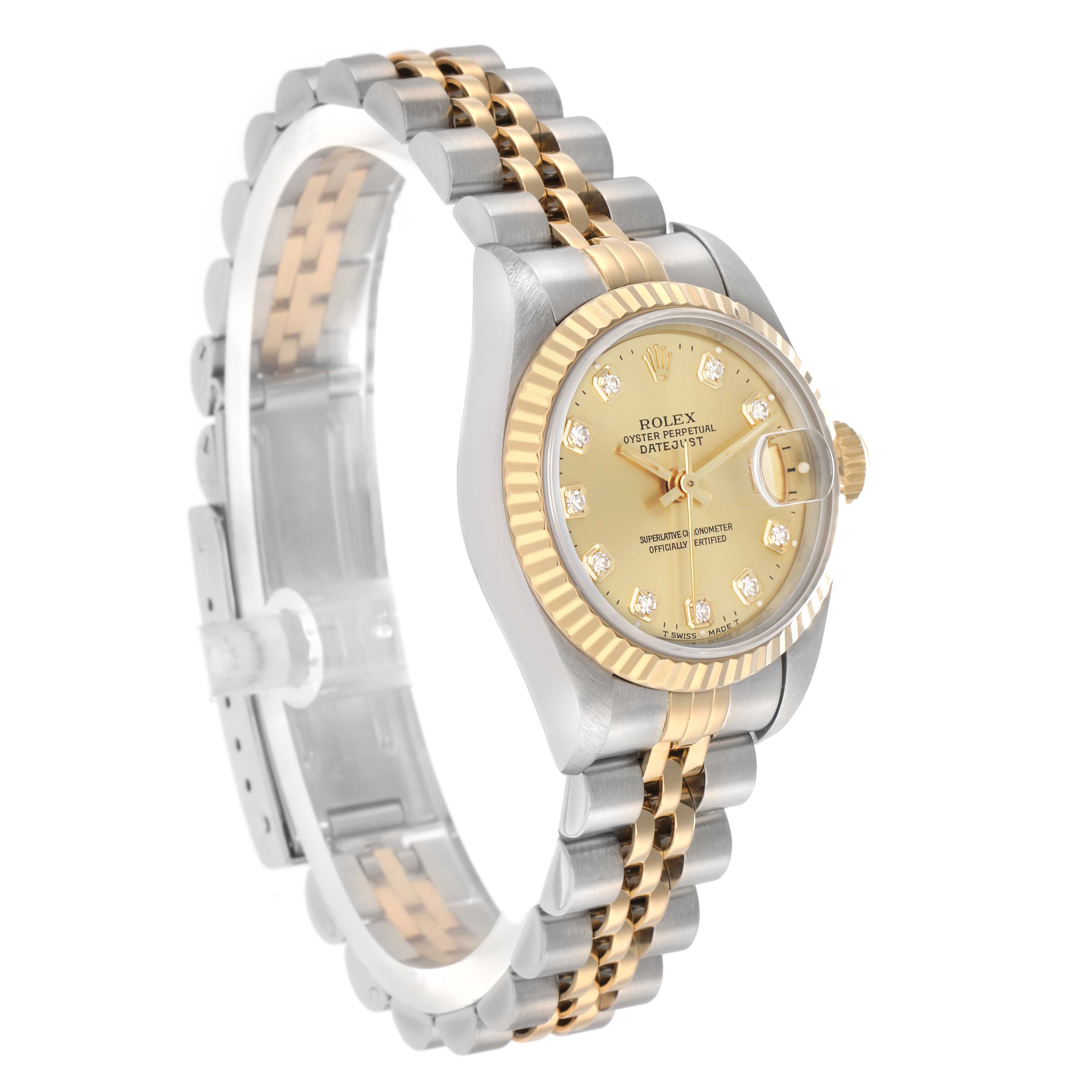 The Rolex Datejust 69173 Women
s Steel and Gold (two tone) Champagne Dial watch is shown at a three-quarter angle, highlighting its two-tone bracelet and diamond-accented dial.