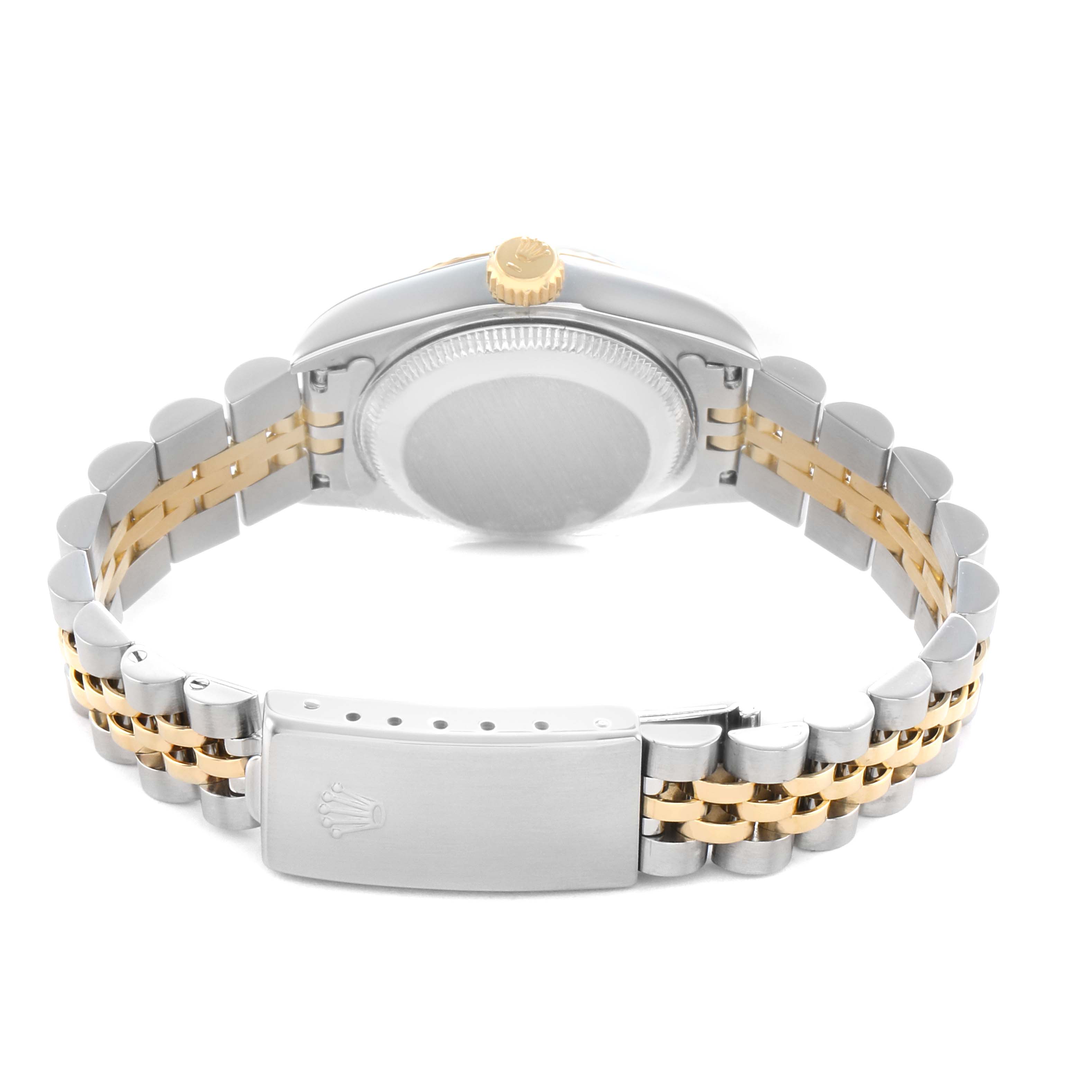 This image shows the back and bracelet of a Rolex Datejust 69173 Women
s Steel and Gold (two tone) Champagne Dial watch, highlighting the clasp and two-tone metal links.