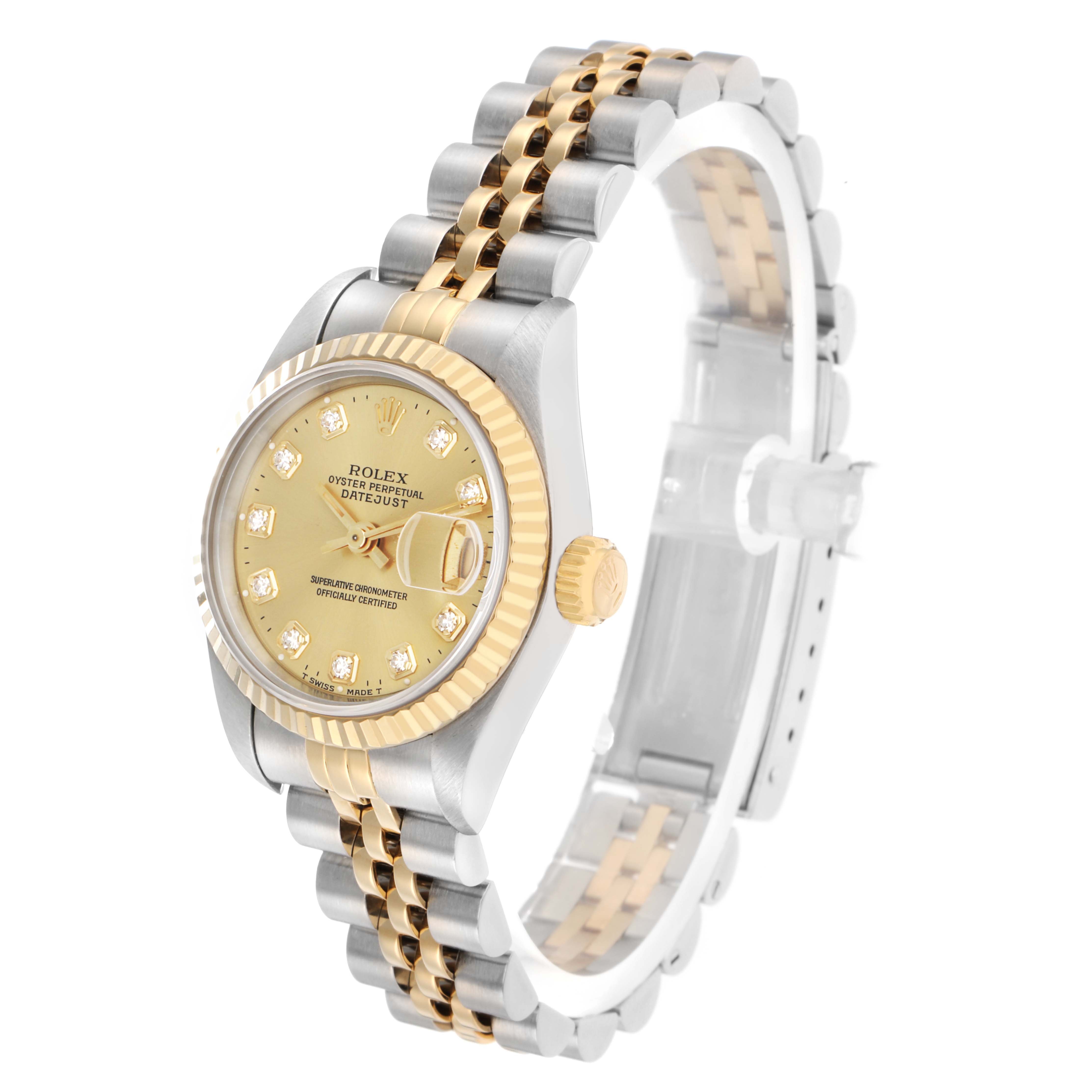 The Rolex Datejust 69173 Women
s Steel and Gold (two tone) Champagne Dial watch is shown at a side angle, displaying the dial, fluted bezel, and the Jubilee bracelet.