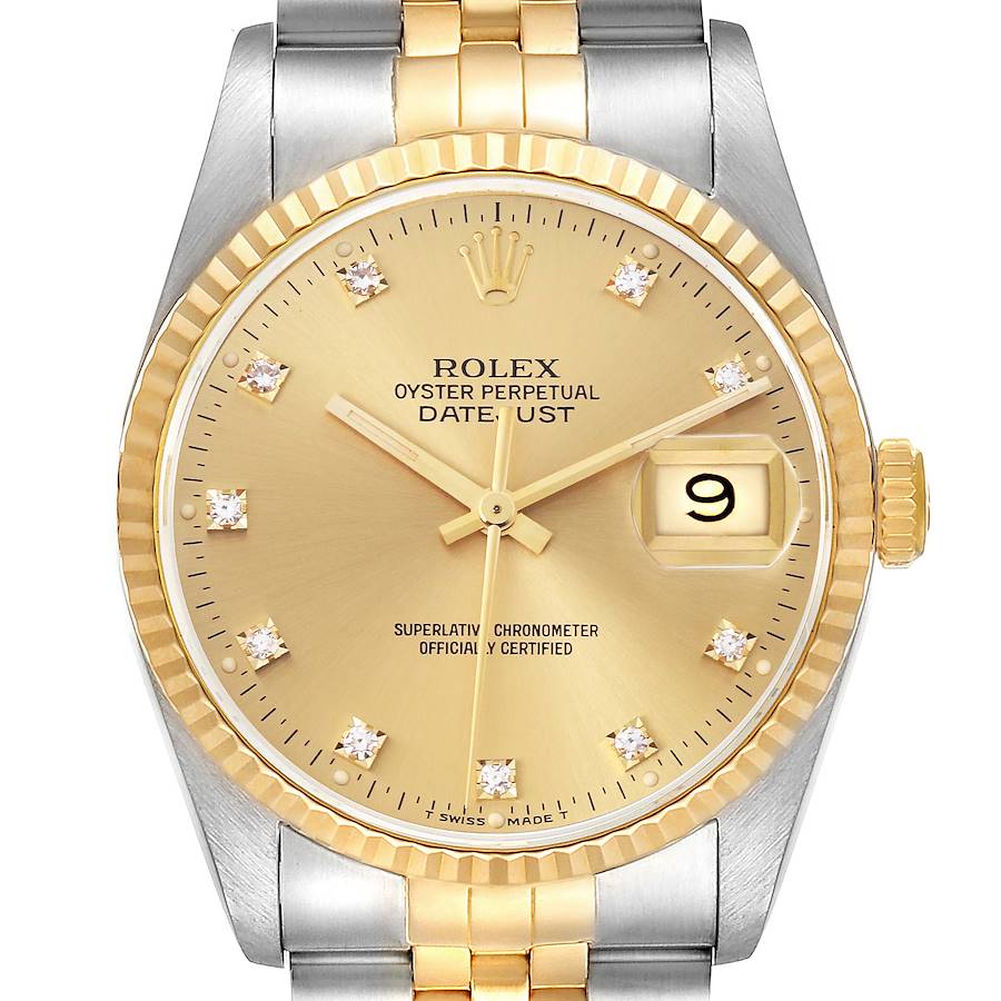 The image shows a frontal view of the Rolex Datejust, highlighting the gold dial, bezel, hands, and date feature.