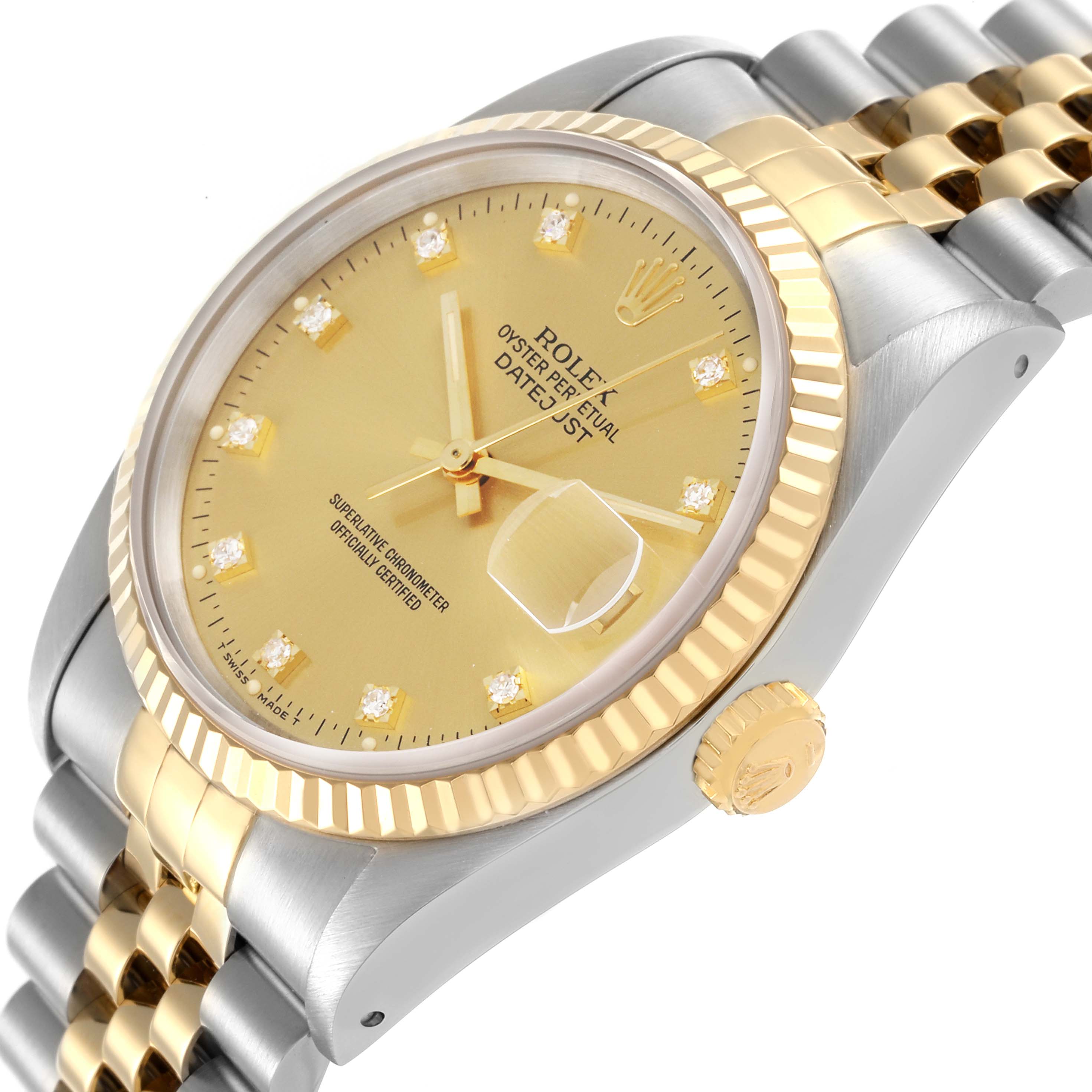 The Rolex Datejust 16233 Men's Steel and Gold (two tone) Champagne Dial 16233 Men's Steel and Gold (two tone) Champagne Dial watch is shown from a side angle, highlighting the dial, bezel, crown, and part of the bracelet.