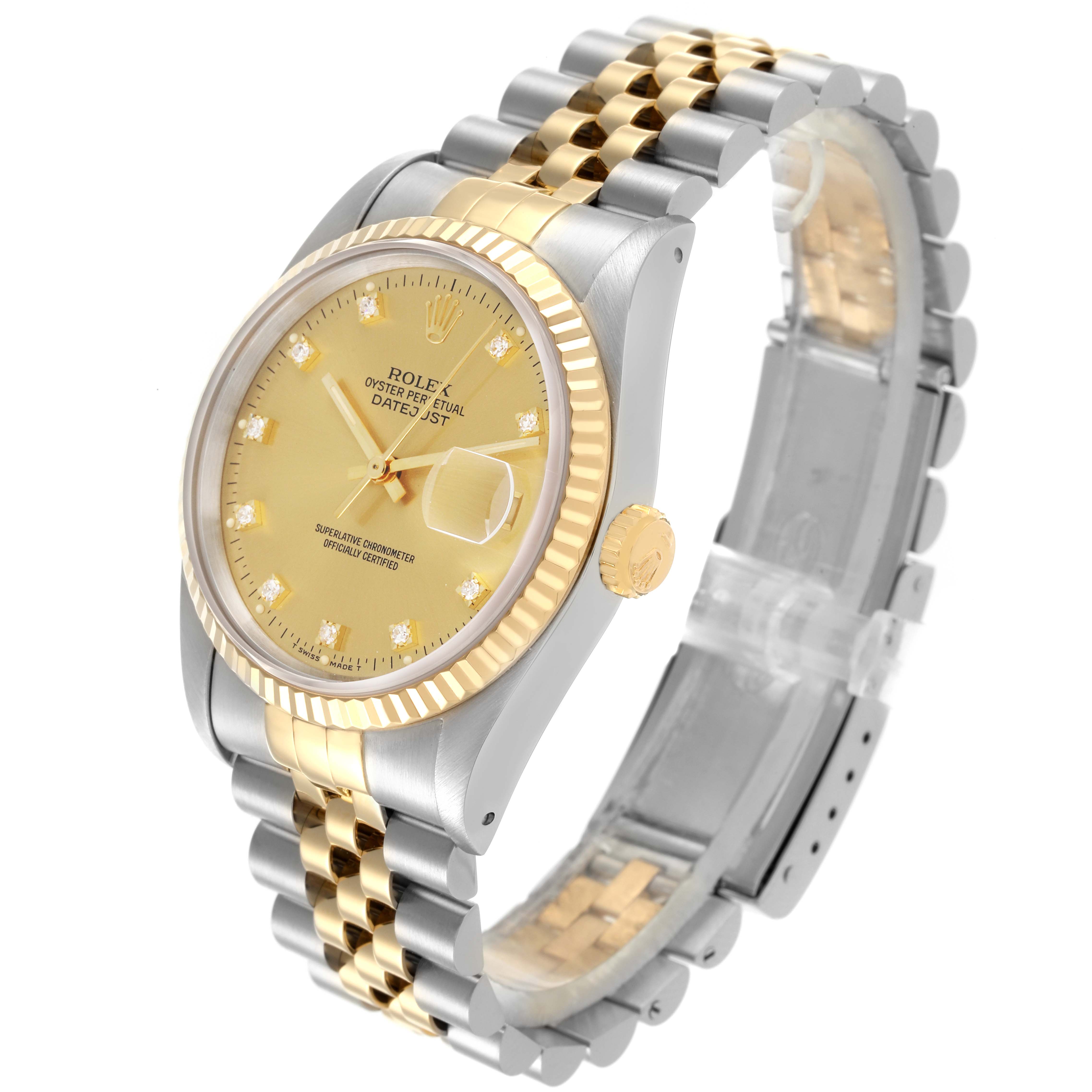 The Rolex Datejust 16233 Men's Steel and Gold (two tone) Champagne Dial 16233 Men's Steel and Gold (two tone) Champagne Dial watch is shown at a three-quarter angle, highlighting its case, dial, crown, and bracelet.