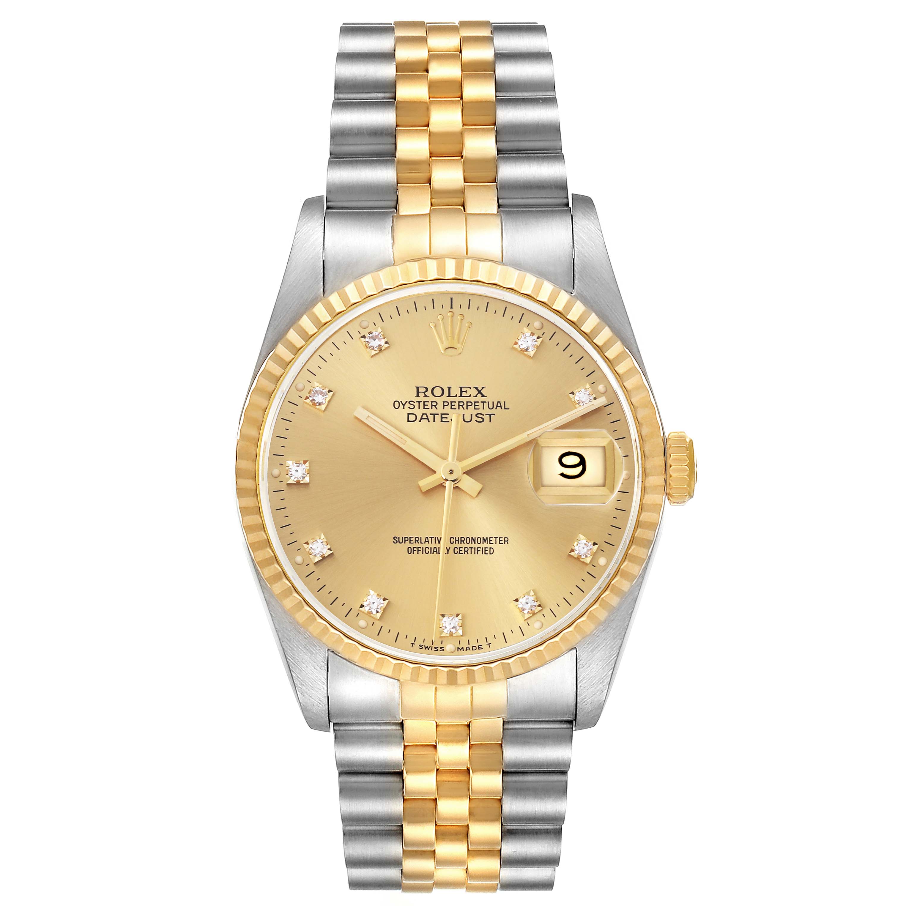 The Rolex Datejust 16233 Men's Steel and Gold (two tone) Champagne Dial 16233 Men's Steel and Gold (two tone) Champagne Dial watch is shown from the front, displaying the face, bezel, crown, and Jubilee bracelet.