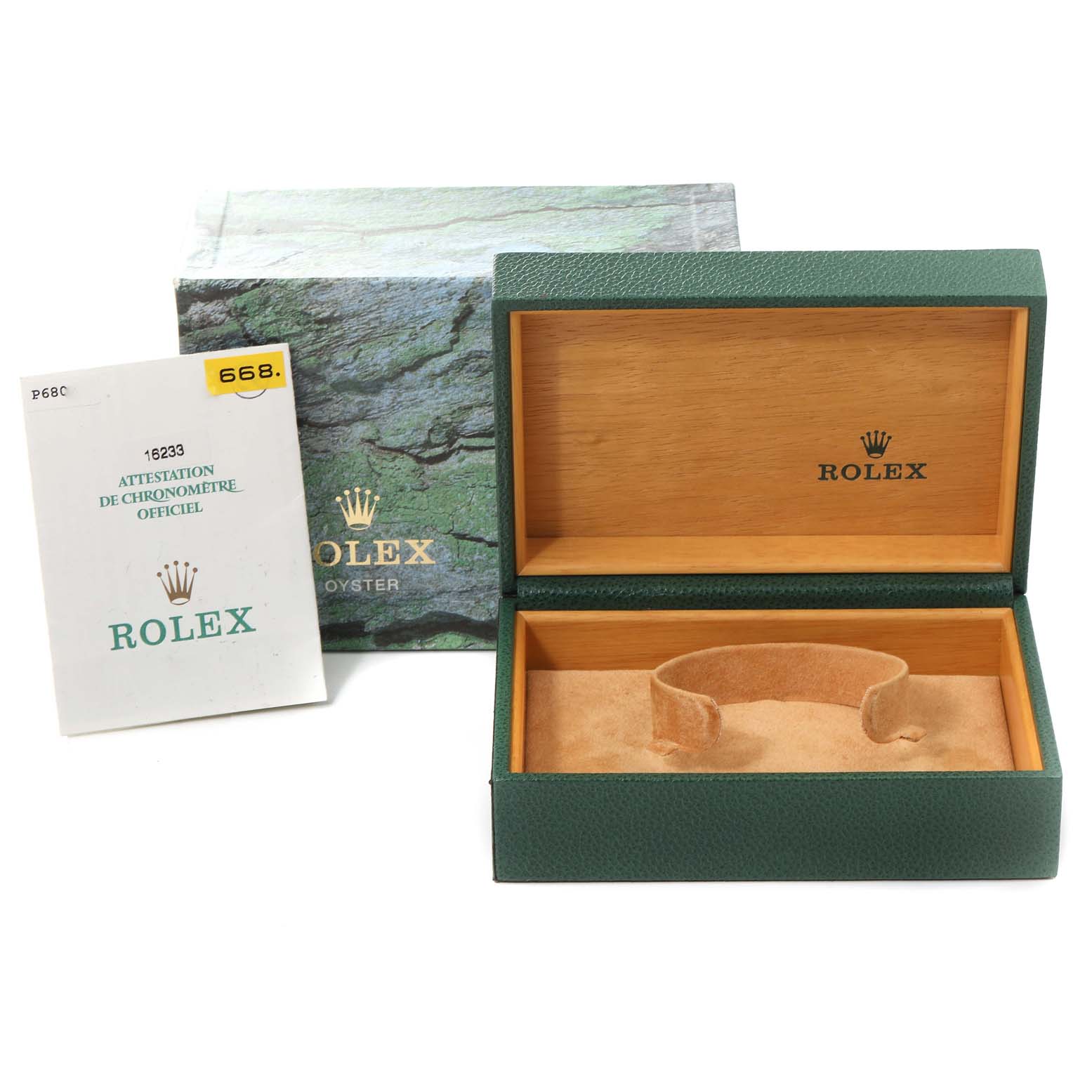 The image shows a Rolex Datejust 16233 Men's Steel and Gold (two tone) Black Dial 16233 Men's Steel and Gold (two tone) Black Dial watch box, open with its interior liner, and the official certificate booklet beside it.