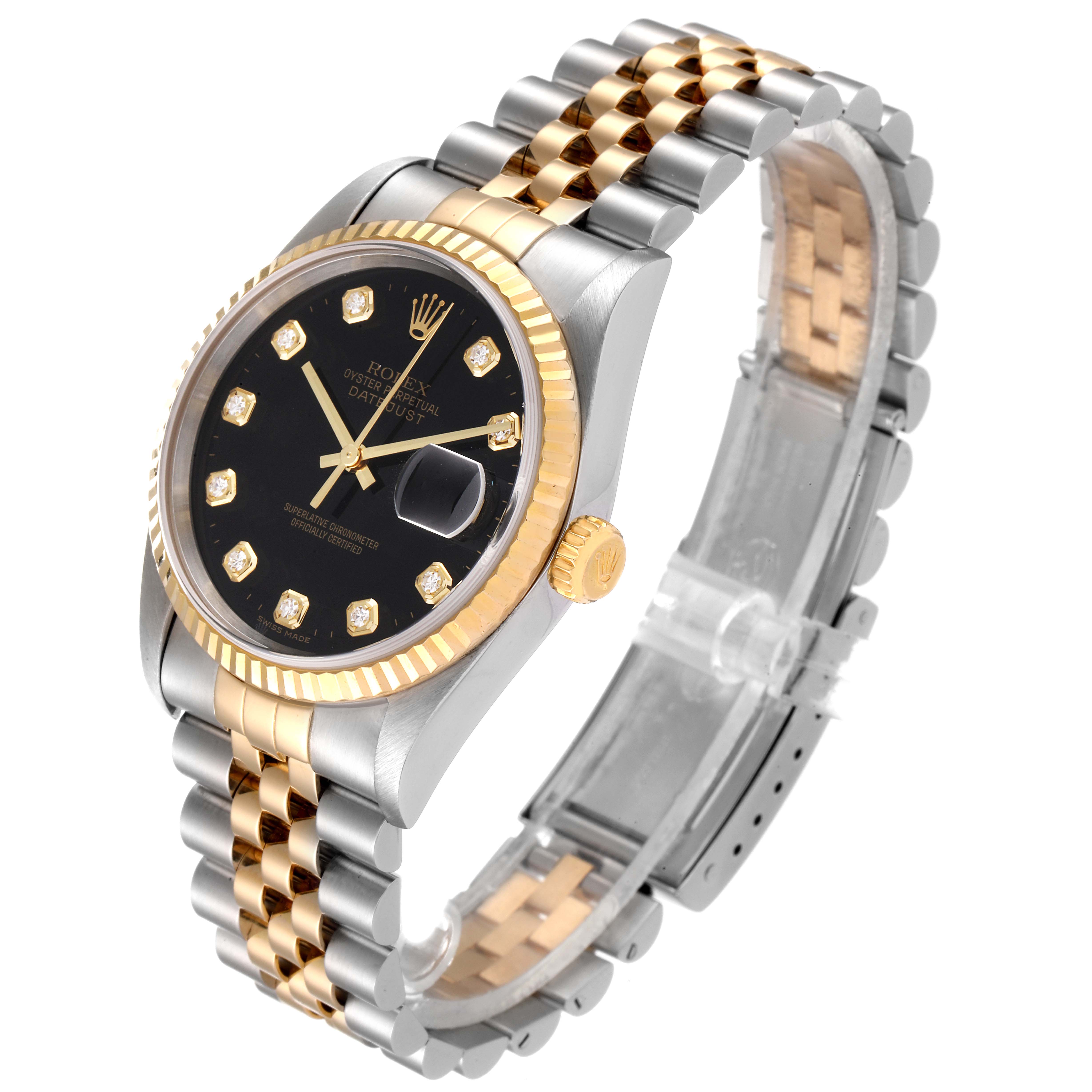 The Rolex Datejust 16233 Men's Steel and Gold (two tone) Black Dial 16233 Men's Steel and Gold (two tone) Black Dial watch is shown at a three-quarter angle, highlighting its face, bezel, crown, and two-tone bracelet.